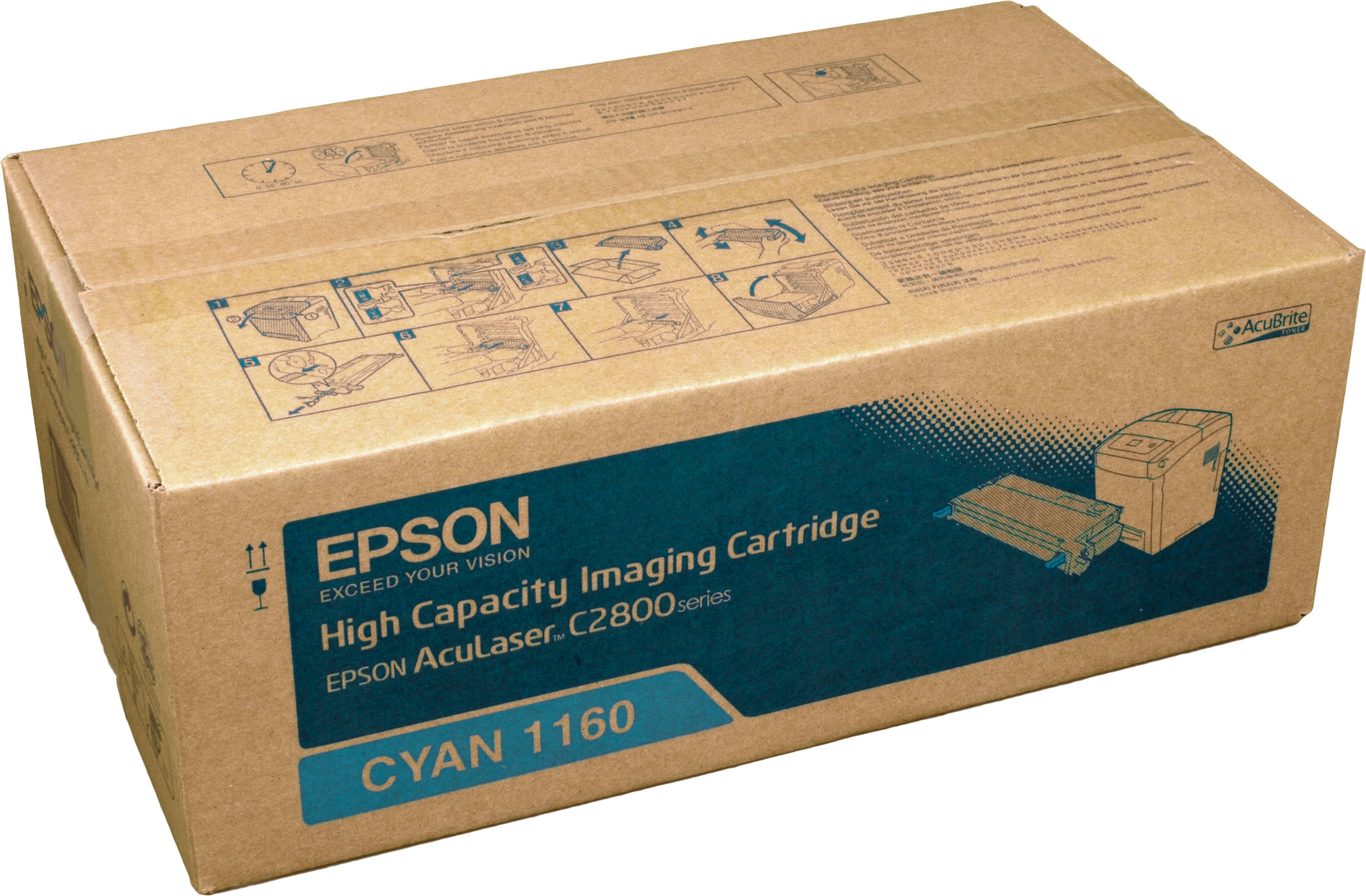 Scatola della cartuccia toner Epson Cyan 1160, schema di colori marrone, blu e bianco, logo Aculaser.
