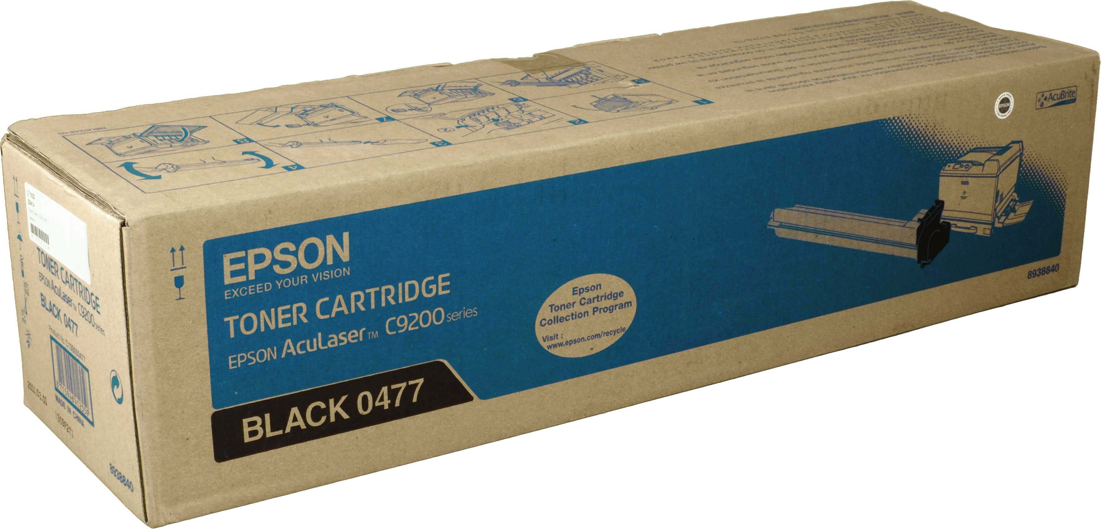 Scatola cartuccia toner Epson con toner nero. La scatola è marrone e blu.