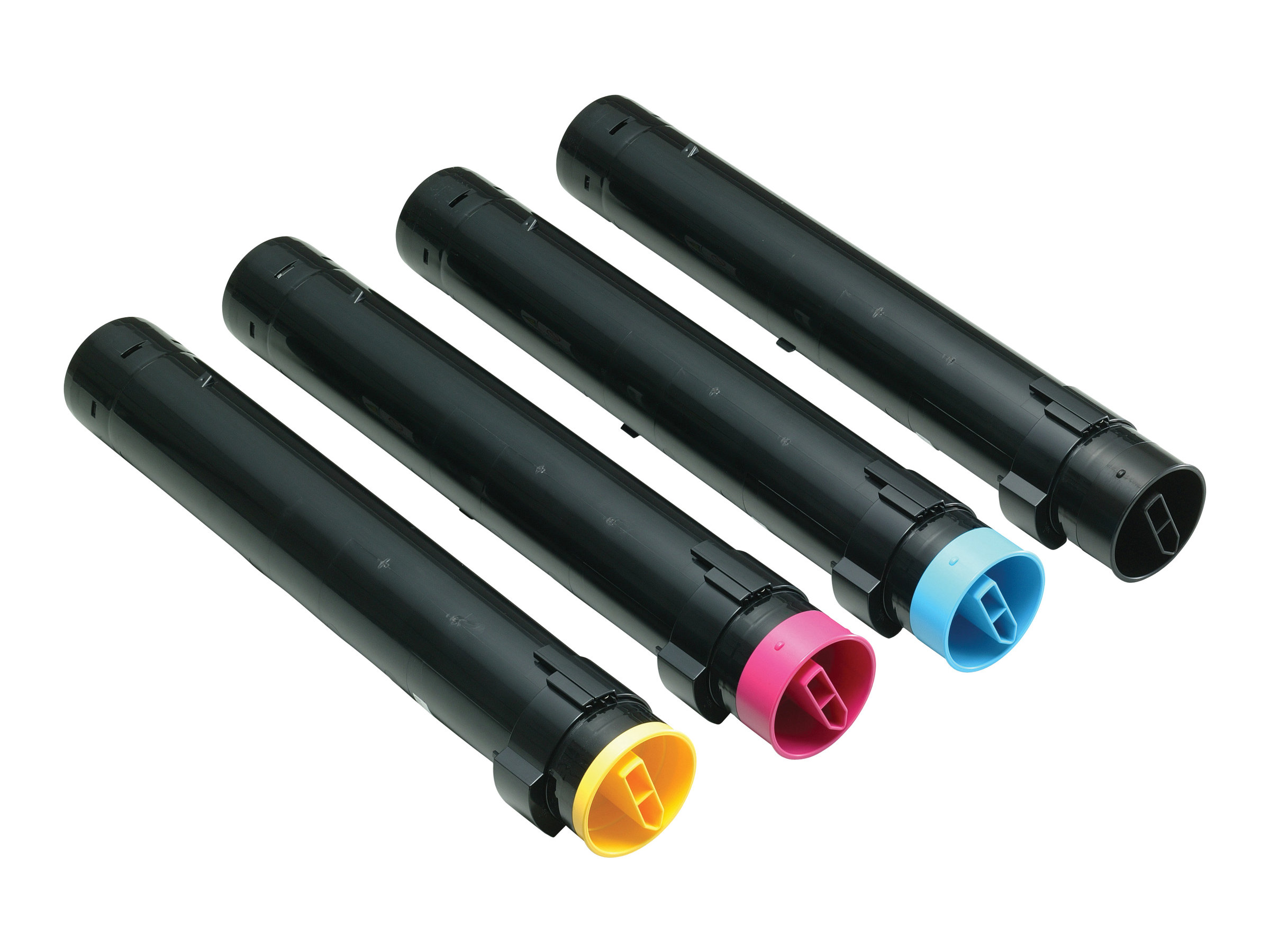 Quattro cartucce toner cilindriche nei colori giallo, magenta, ciano e nero.