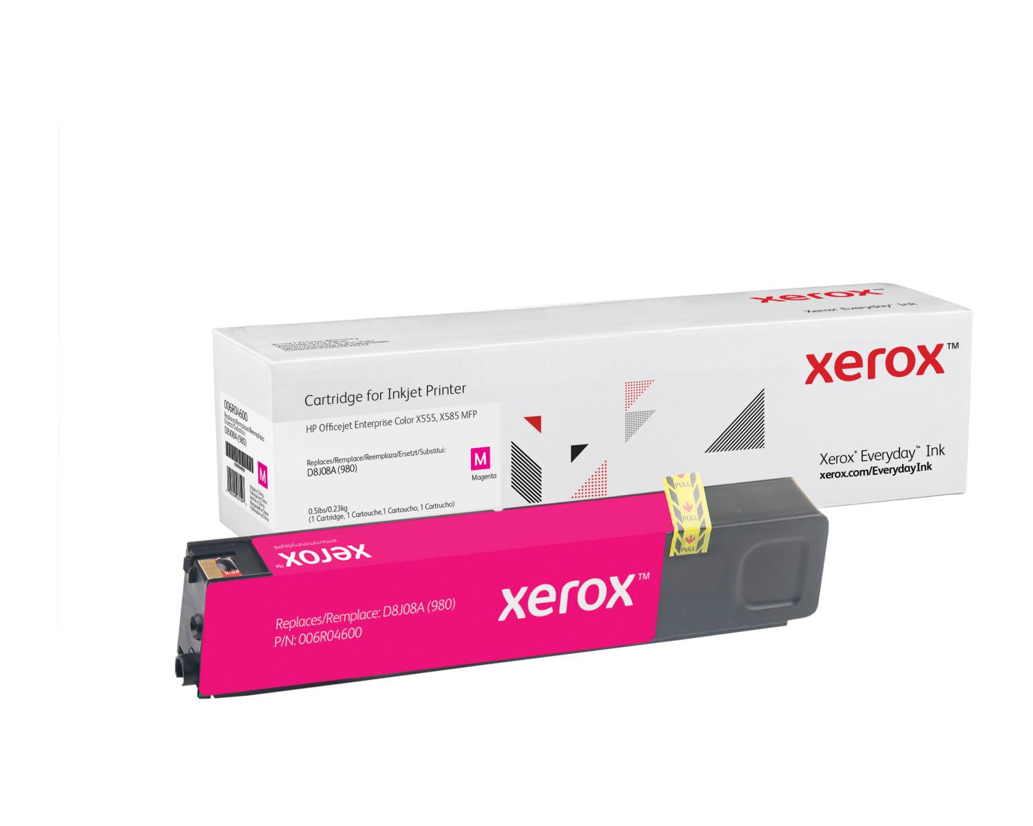 Cartuccia toner magenta Xerox con una scatola. La scatola è bianca e la cartuccia è rosa.