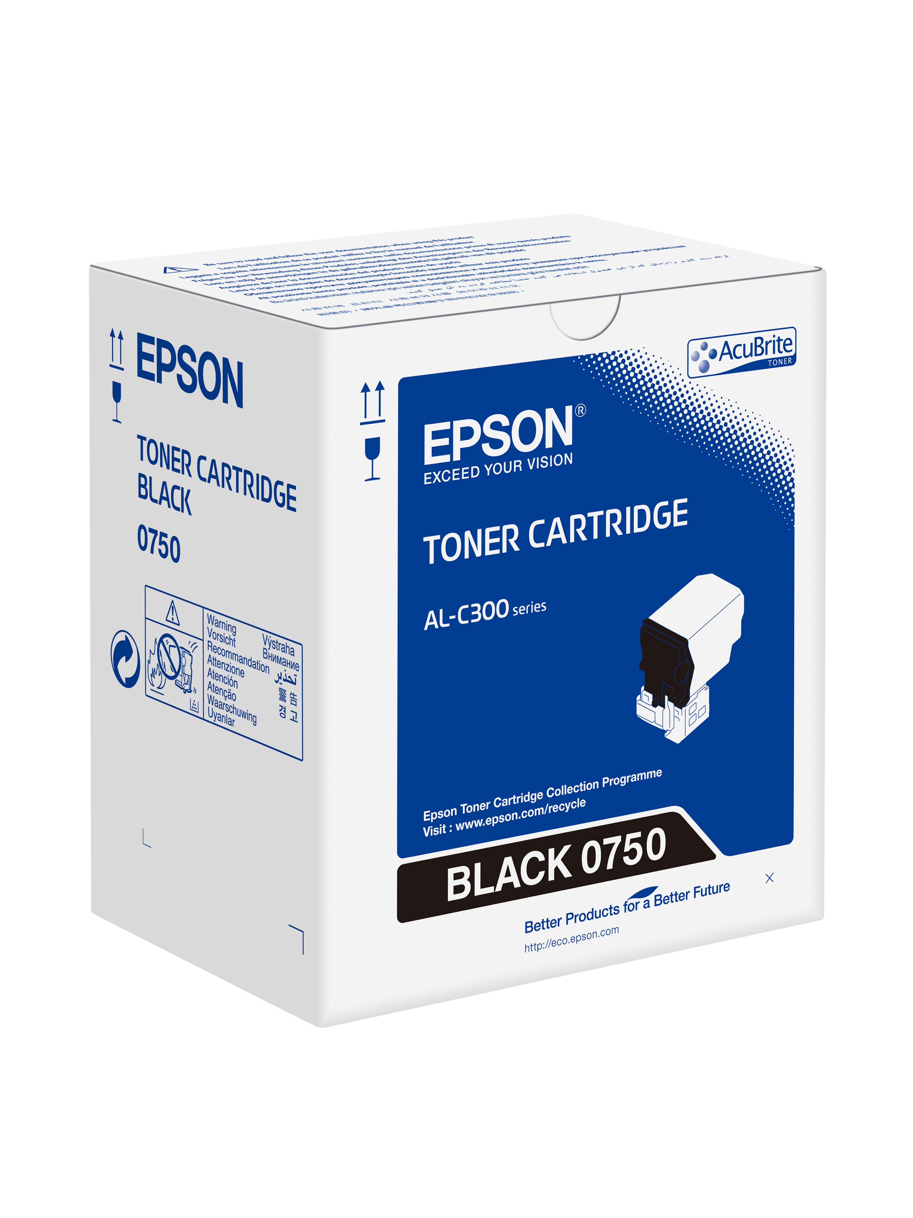 Una scatola di cartucce toner nere Epson con un design blu e bianco e il testo 'BLACK 0750'.