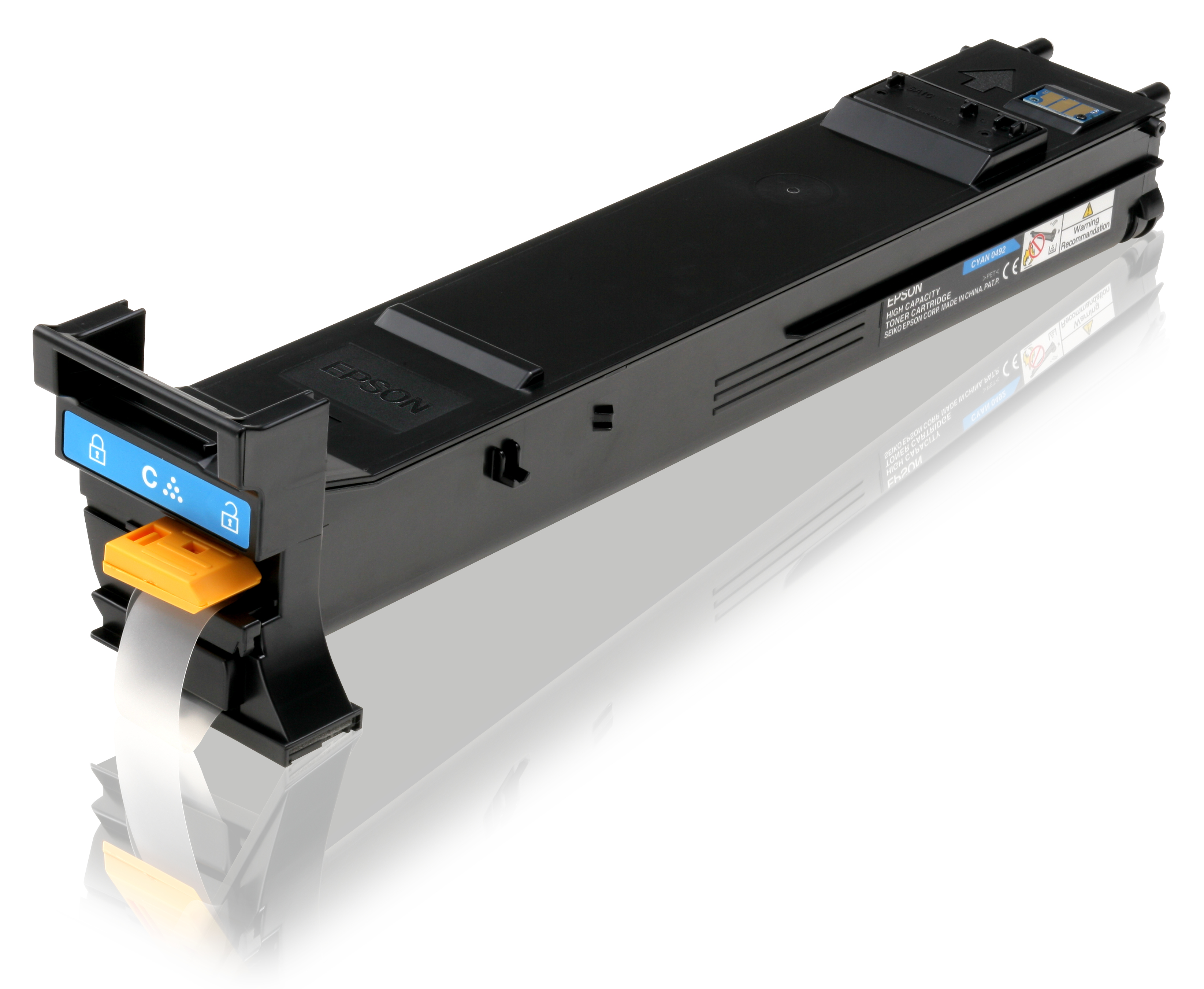 Una cartuccia toner ciano Epson. È nera con un'etichetta blu e un meccanismo di rilascio giallo.