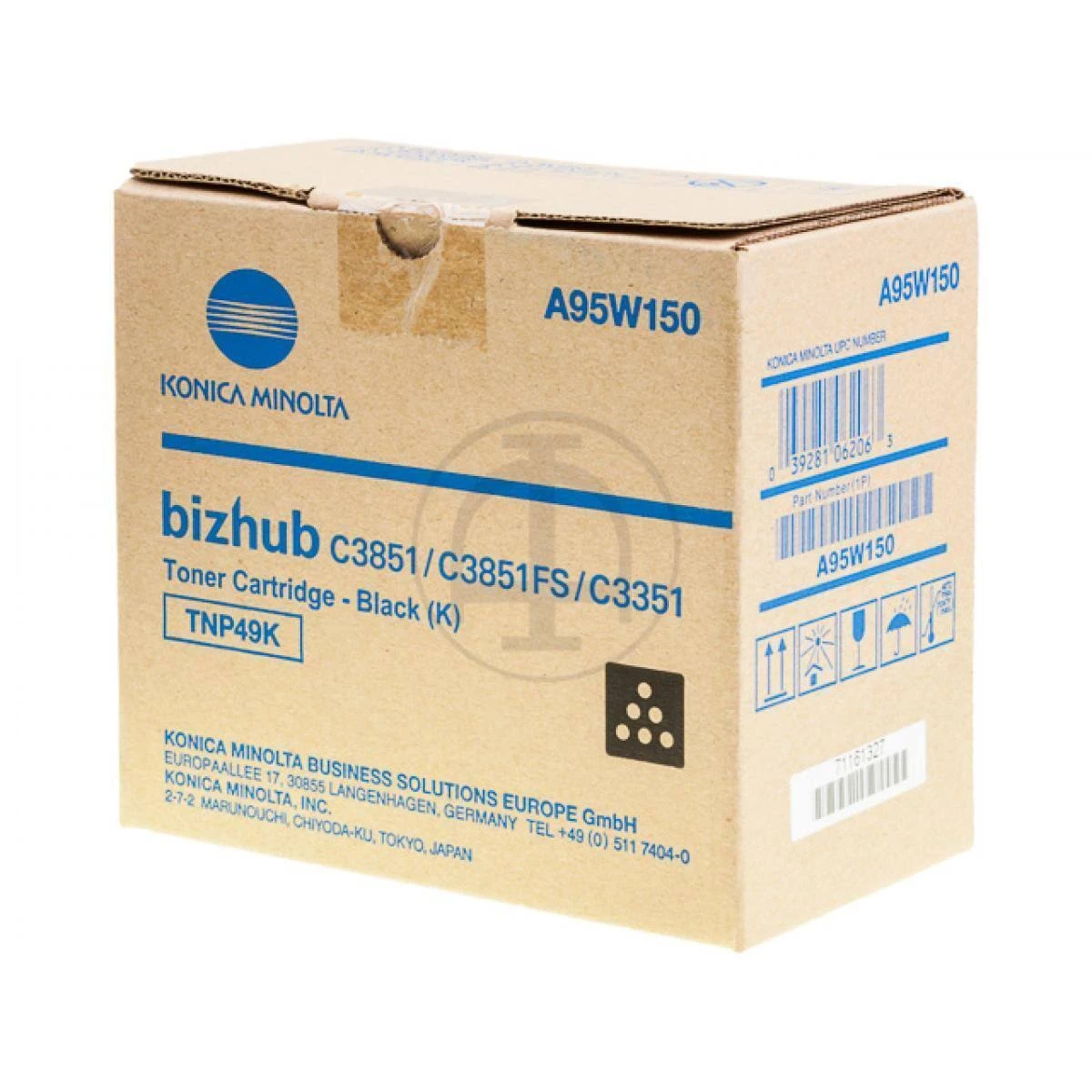 Une boîte étiquetée Konica Minolta bizhub cartouche de toner, noir. La boîte est marron avec des détails du produit.