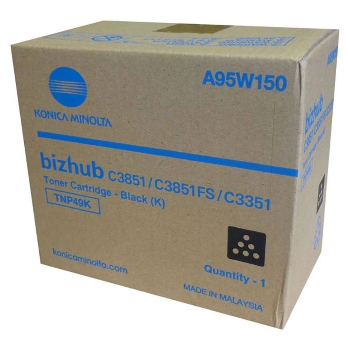 Une boîte de toner Konica Minolta bizhub, marron avec logo et texte bleus.
