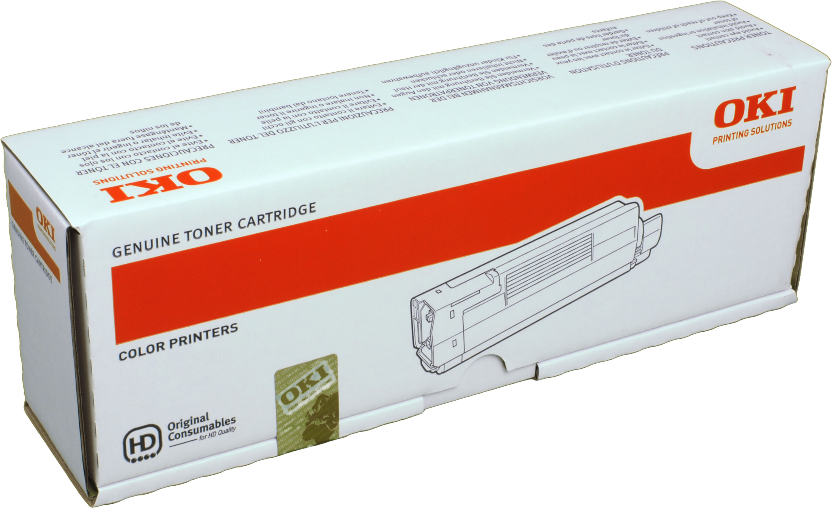 Een OKI tonercartridgebox met een illustratie van de cartridge. Het is wit met rode tekst en een logo.