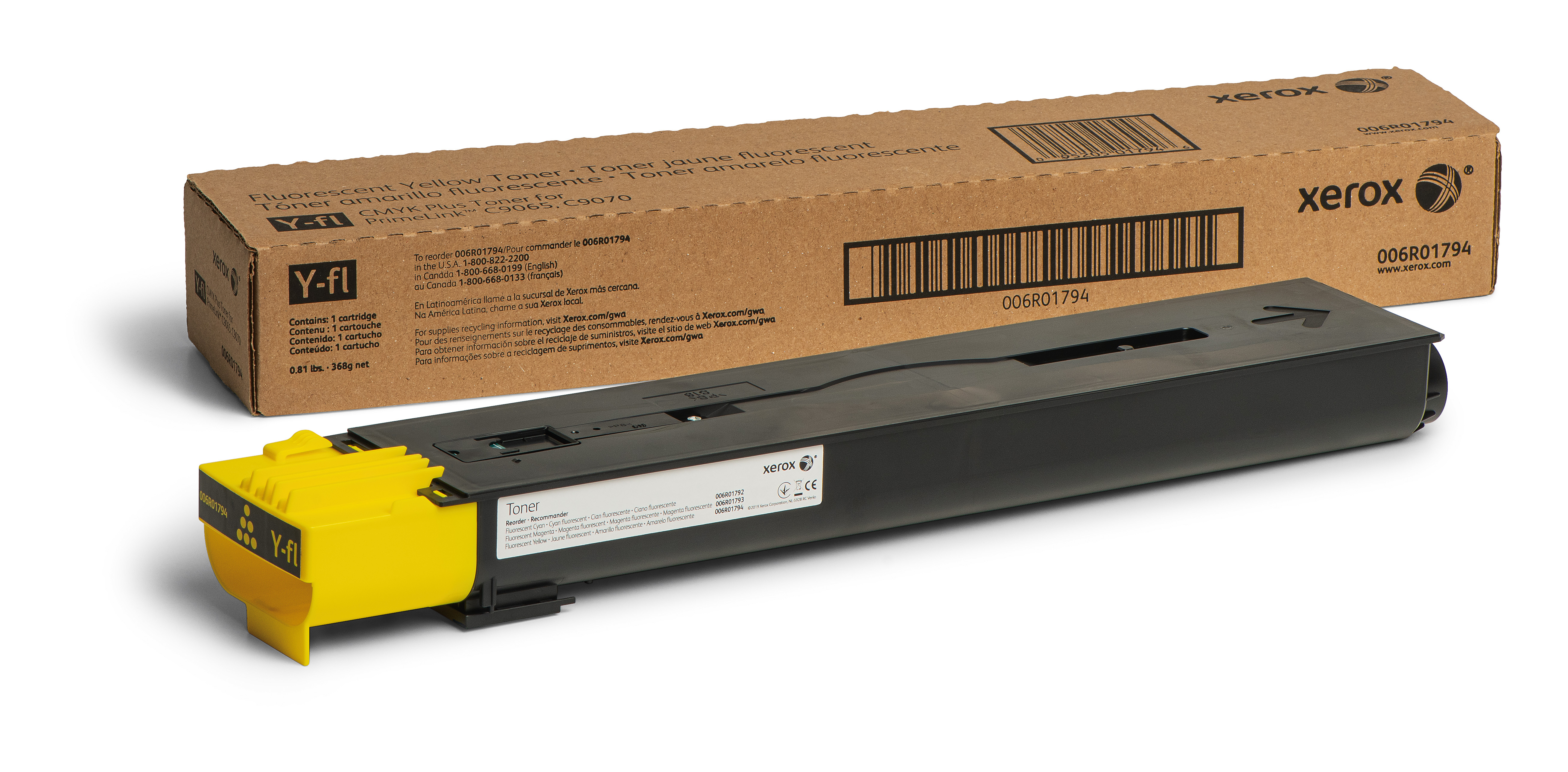 Cartuccia toner gialla e nera con scatola marrone. Bianco.