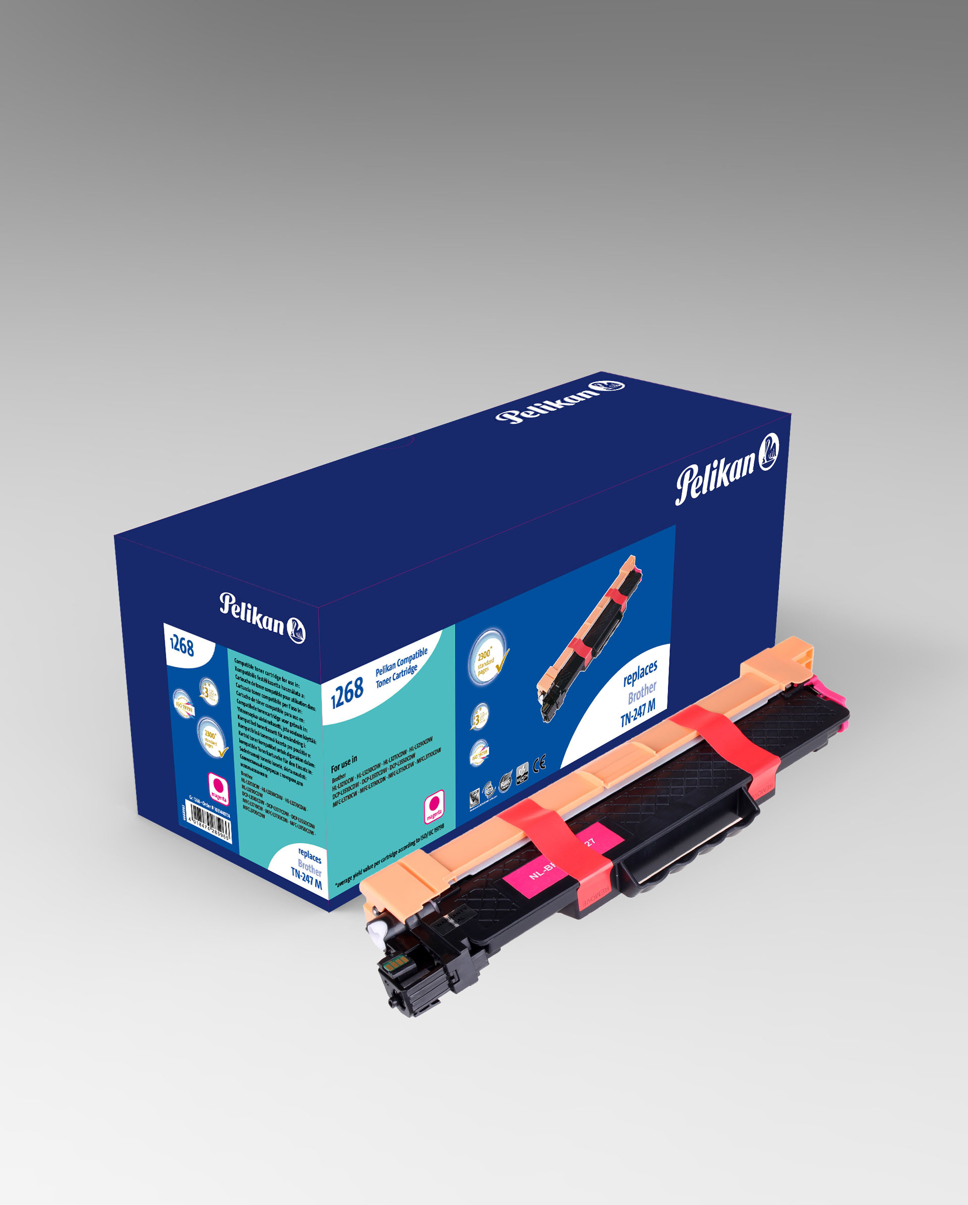 Cartuccia toner Pelikan con scatola. Toner rosa e testo visibili.