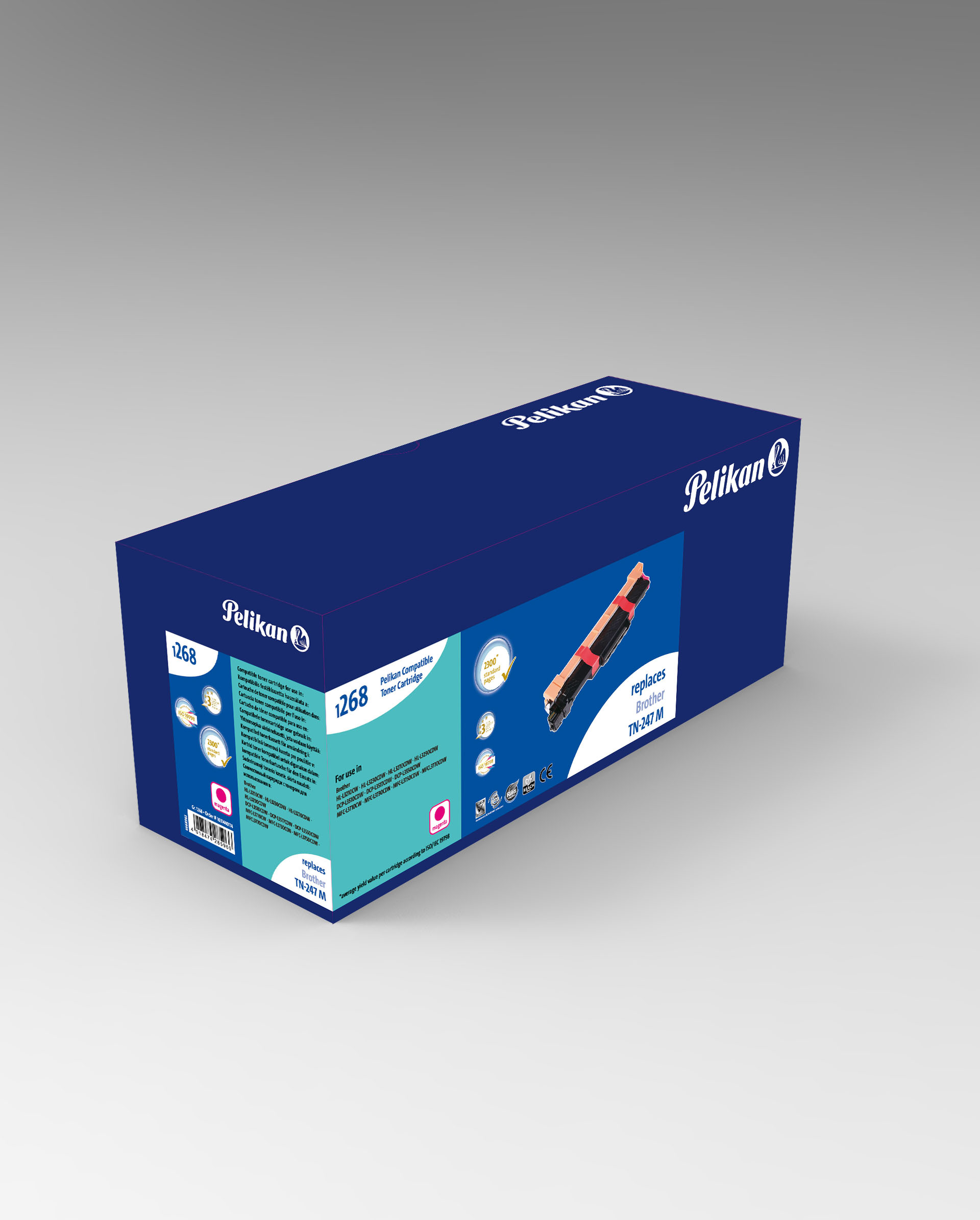 Una scatola di cartucce toner Pelikan blu e bianca, con la descrizione del prodotto e il marchio visibili.