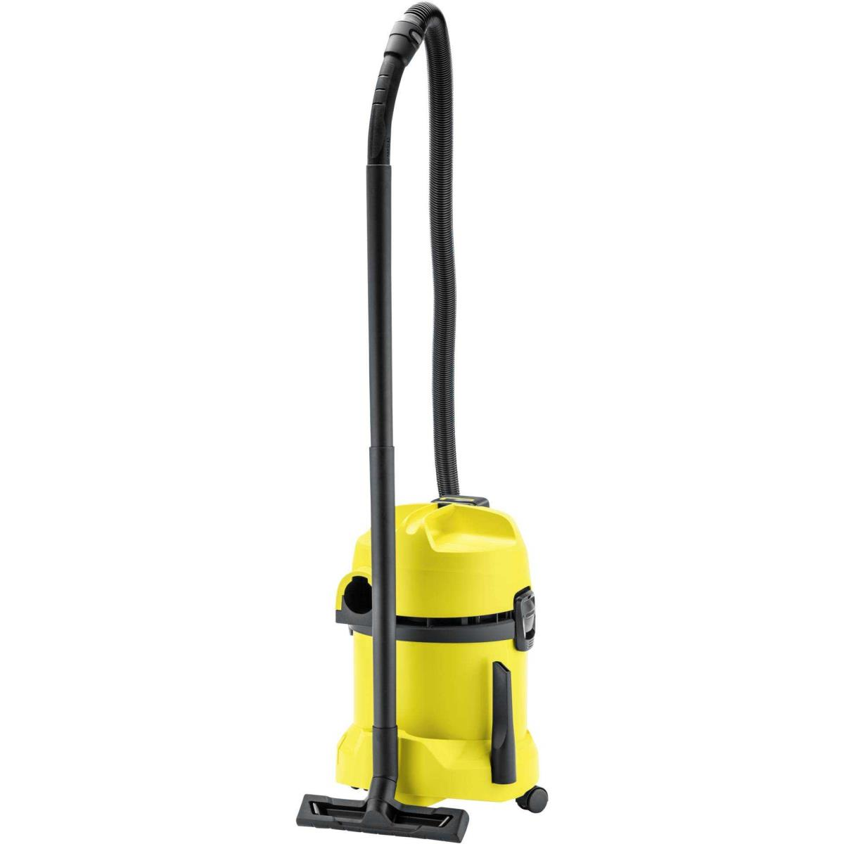 Aspirateur jaune avec tuyau et poignée noirs, sur fond blanc.
