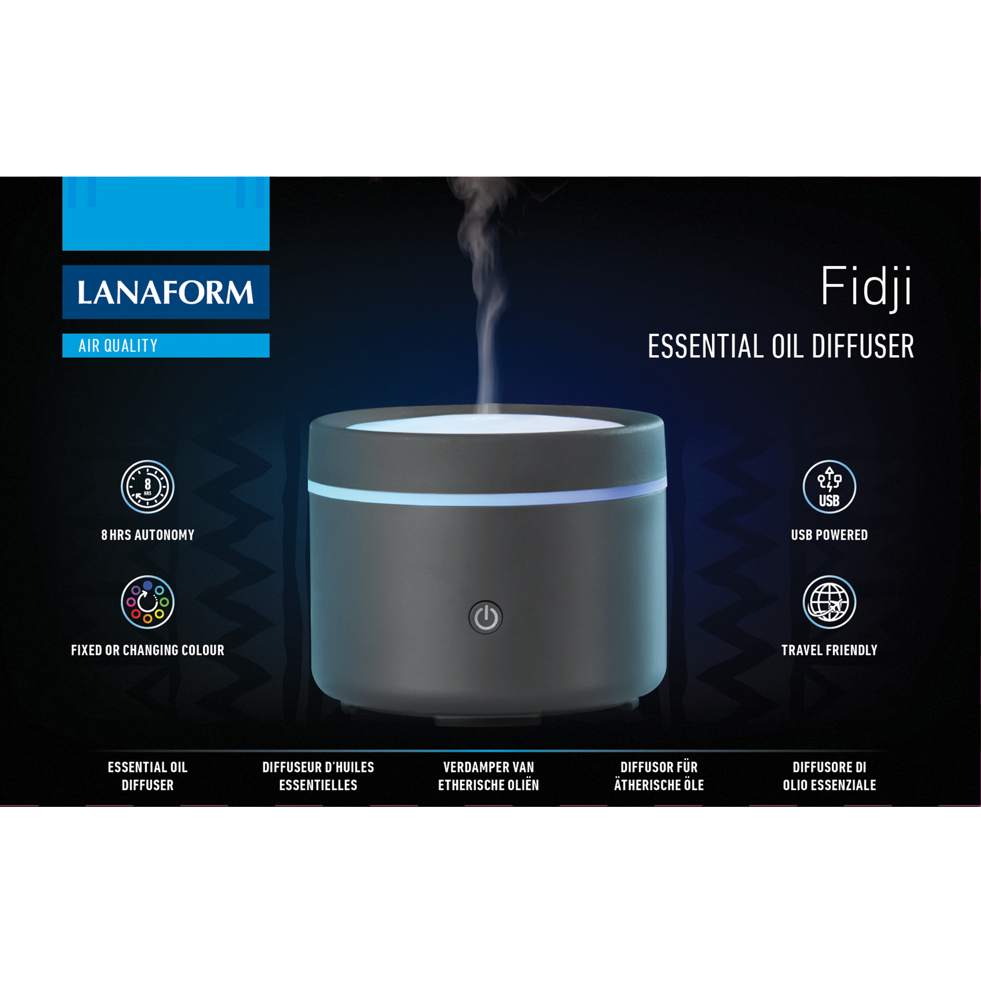 Black essential oil diffuser with a blue ring light.