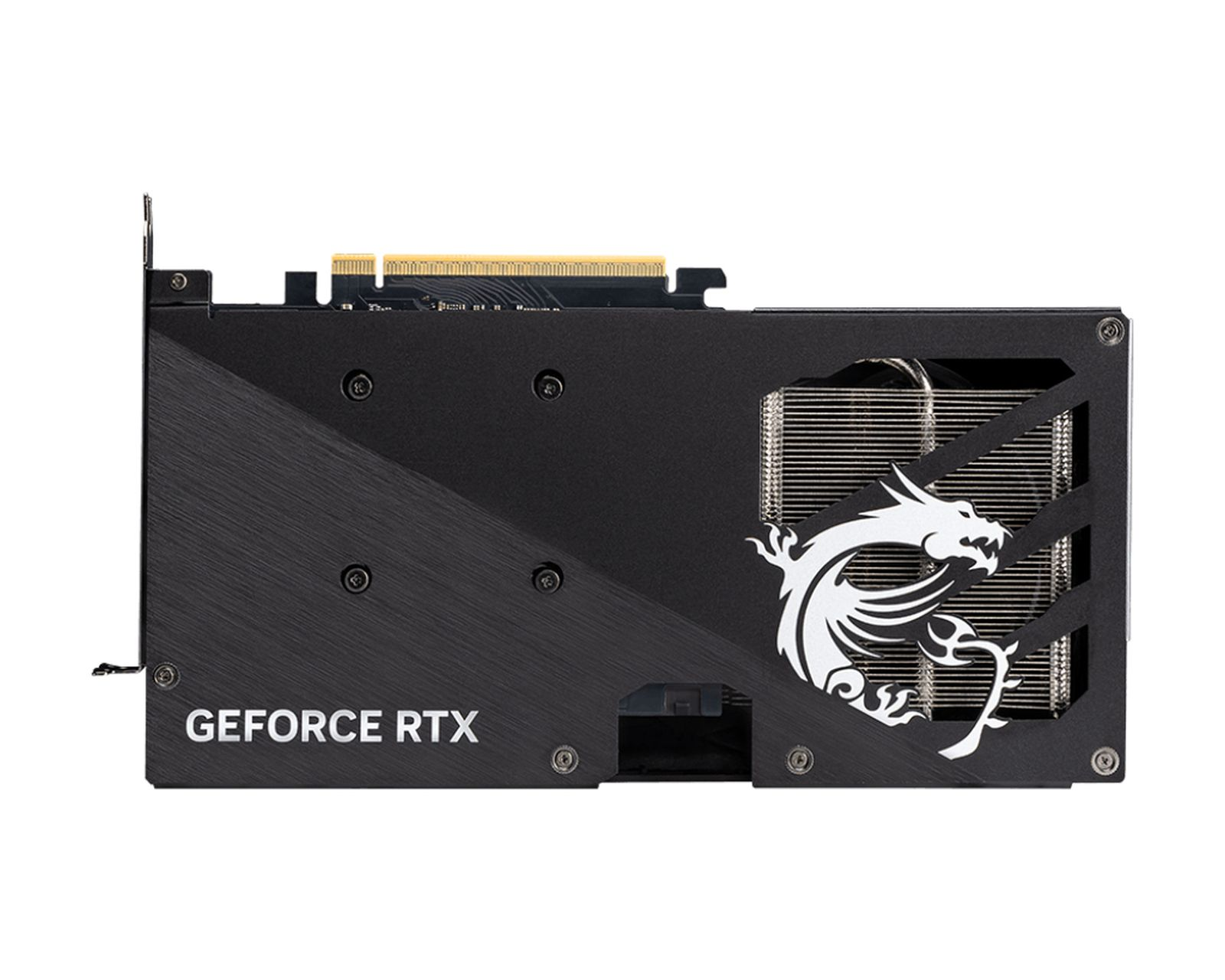 Czarna karta graficzna MSI, widok z boku, z tekstem 'GEFORCE RTX' i logo smoka.
