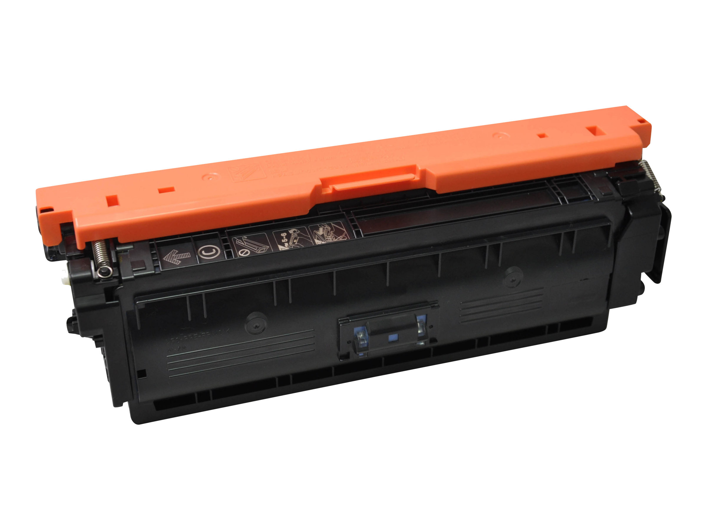 Cartuccia toner nera con parte superiore arancione, su sfondo bianco.