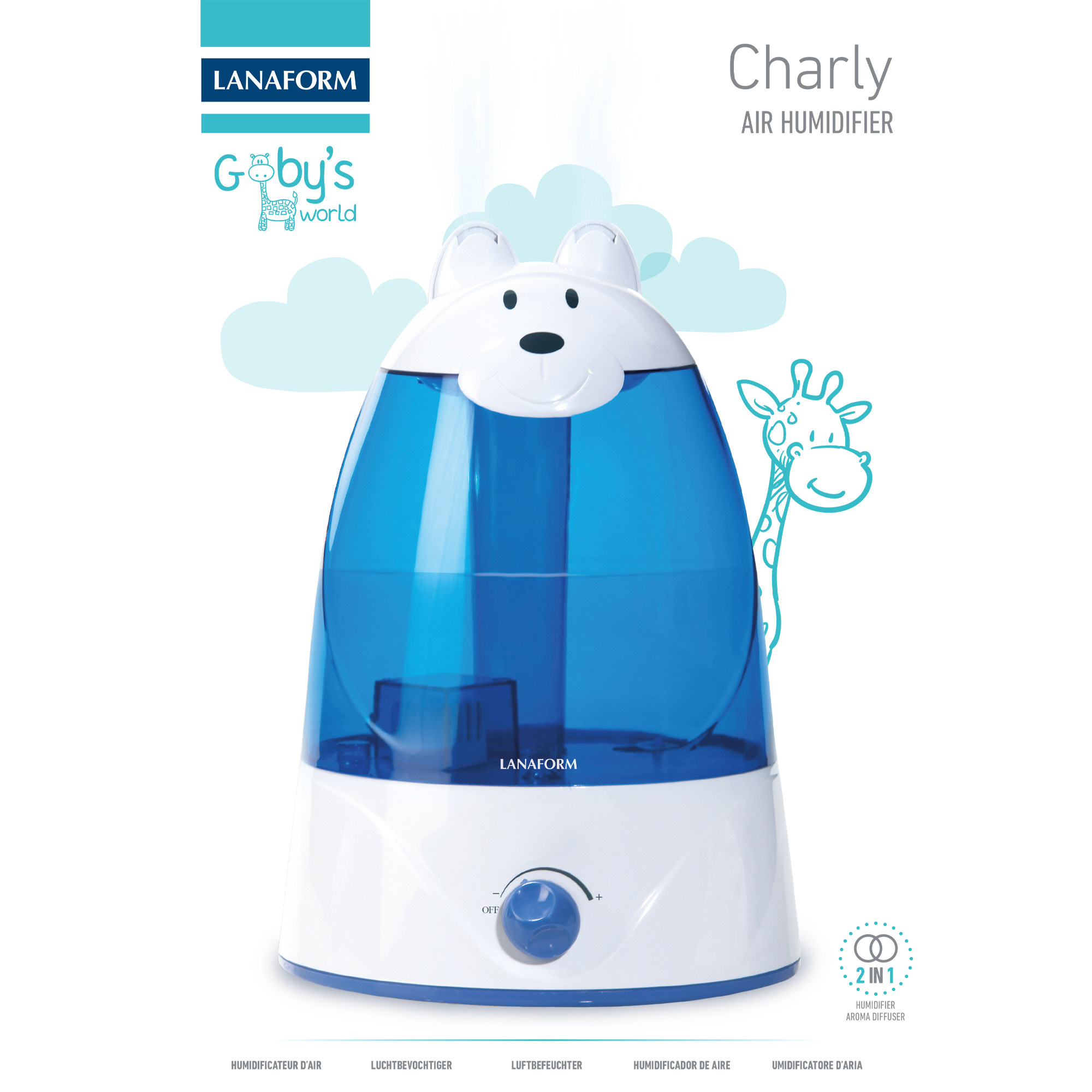 White and blue air humidifier with a bear face on it. It says Charly and Goby's world.