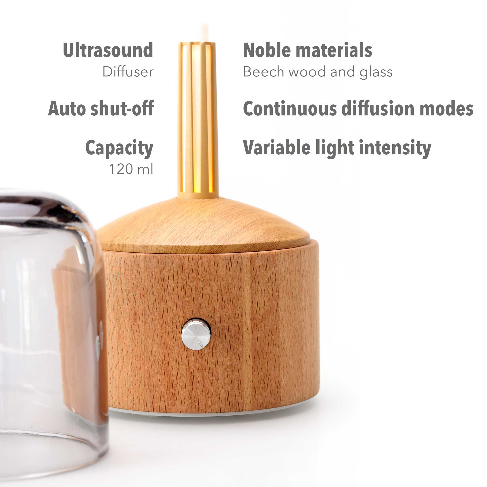 Wooden aromatherapy diffuser. It has a glass and wooden base. Text describes features.