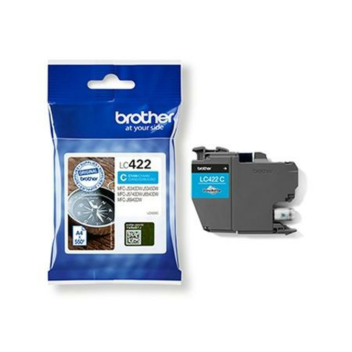 Cartuccia d'inchiostro Brother blu e confezione. Testo: LC422 C. Sfondo bianco. x5.