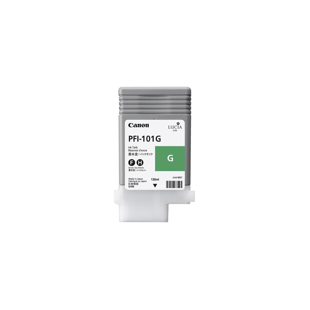 Een Canon PFI-101G inkttank. De tank is grijs en groen, met witte basis op een witte achtergrond.