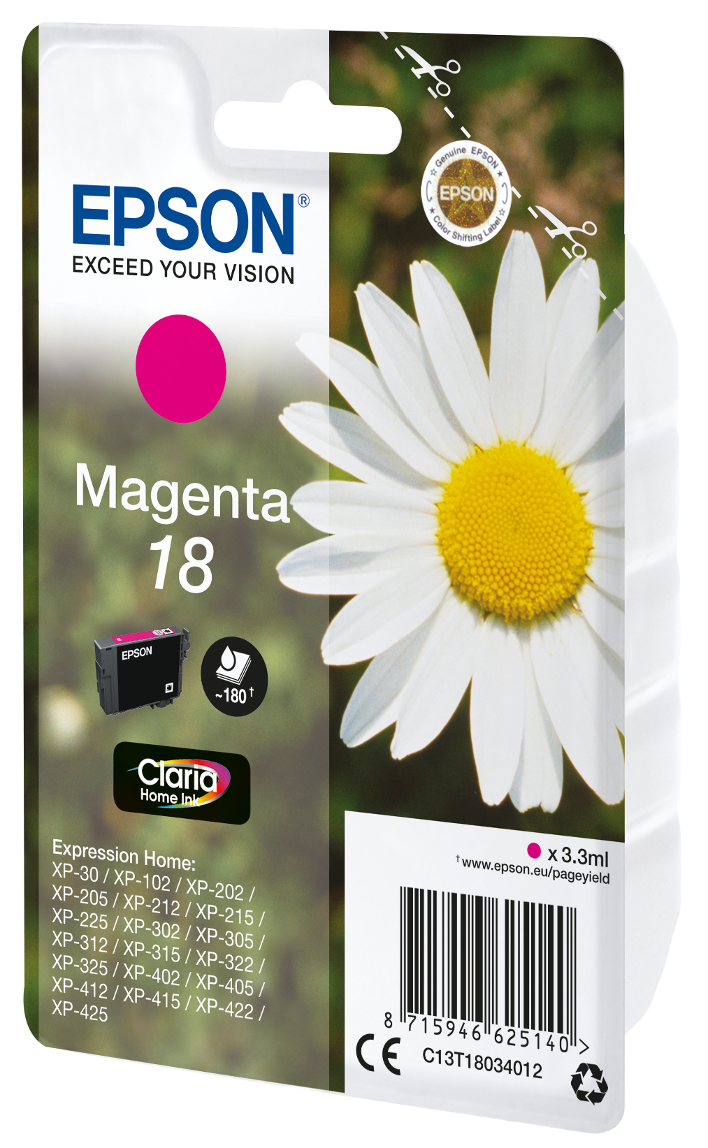 Wkład z tuszem magenta Epson z obrazem stokrotki, białe i zielone tło. Wkład: Magenta 18. Zawiera ~180 stron.