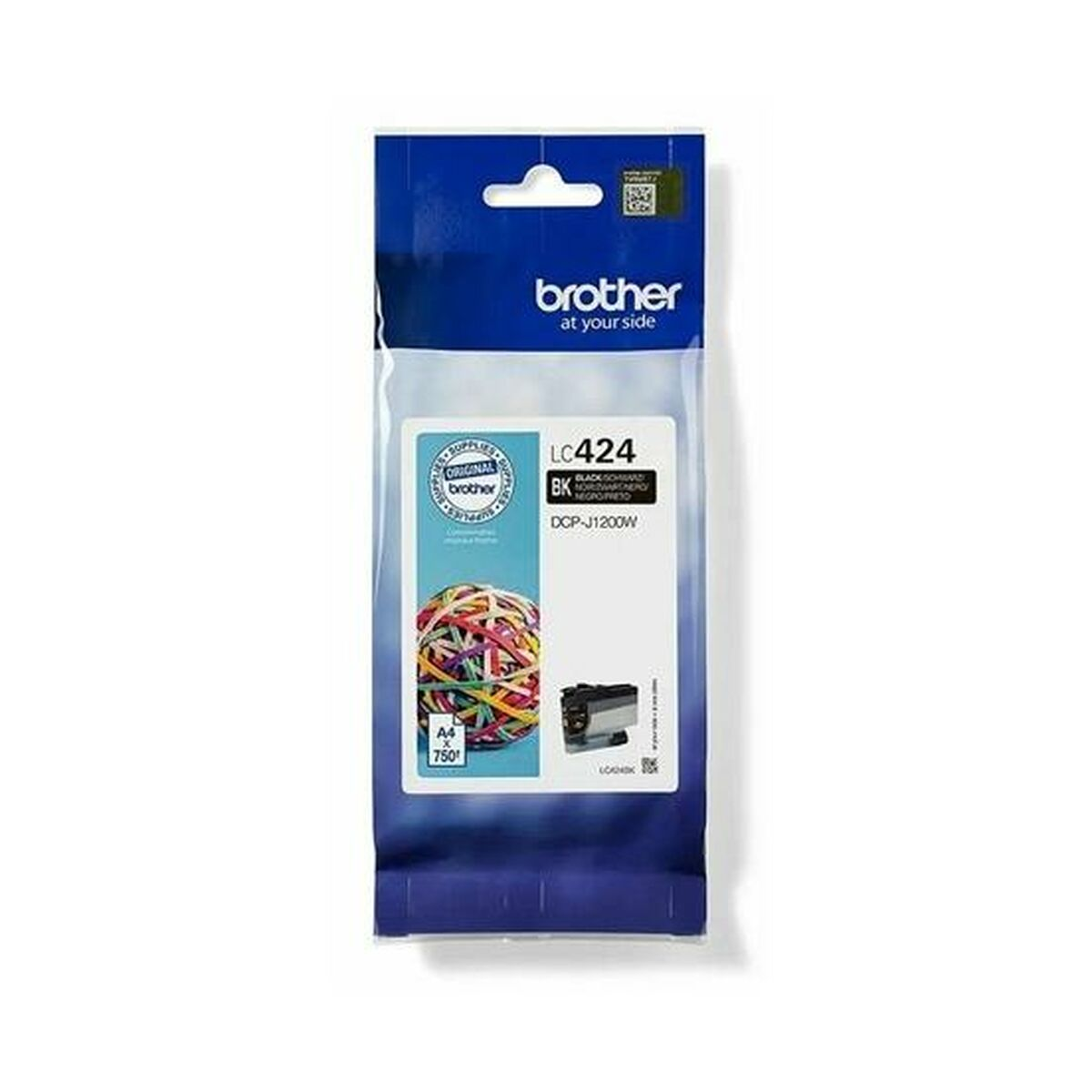 Embalaje de cartuchos de tinta Brother LC424. El paquete es transparente con una bola de gomas de colores.