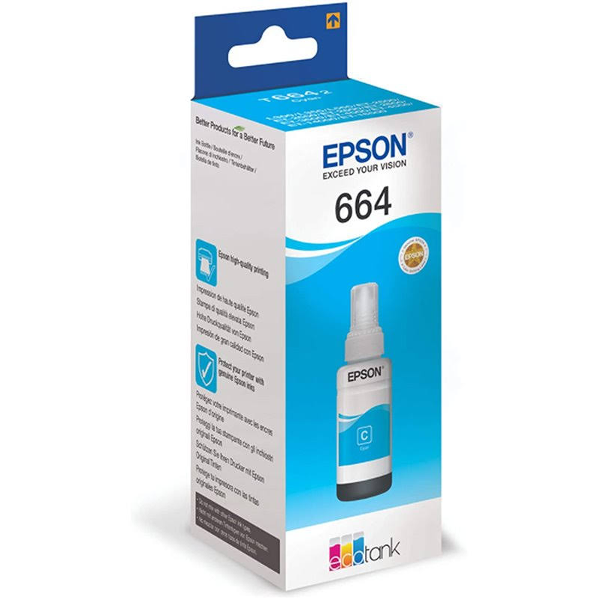Botella de tinta Epson 664 en una caja. La botella es blanca y contiene tinta cian.