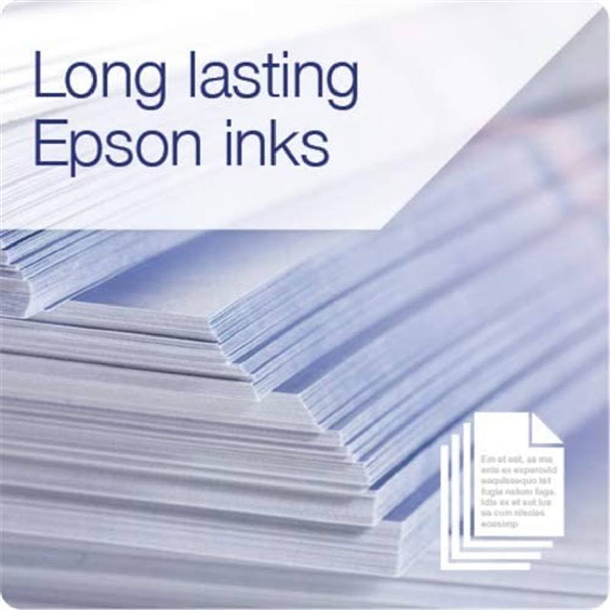 Pila de papel blanco con las palabras "Long lasting Epson inks" en la esquina superior izquierda.