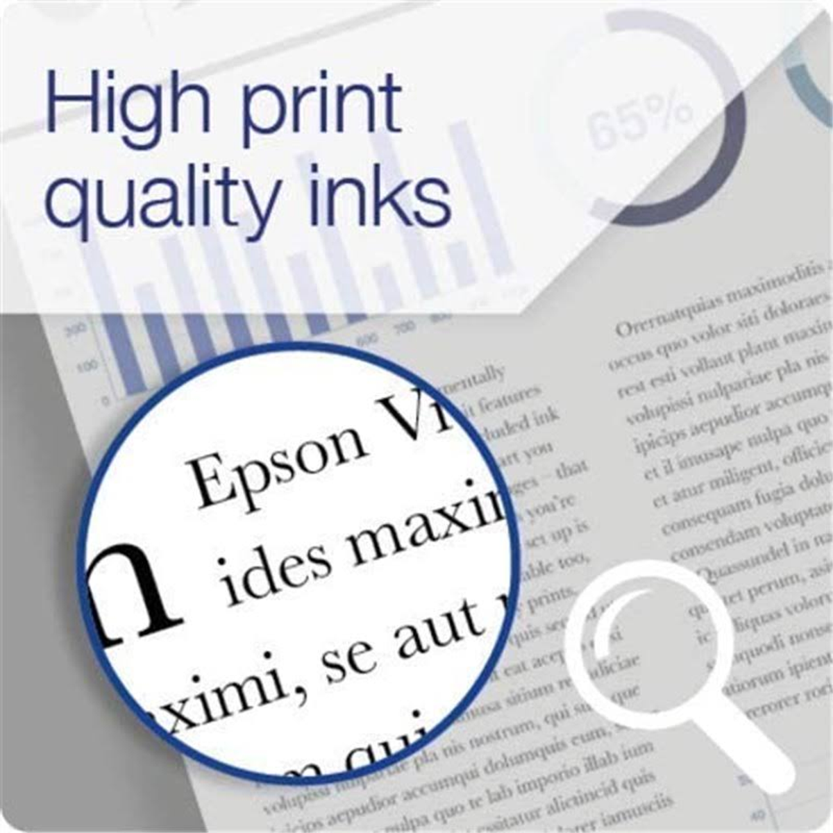 Una lupa sobre un papel con texto "Epson Vivid". La imagen promueve tintas Epson para impresiones de alta calidad.