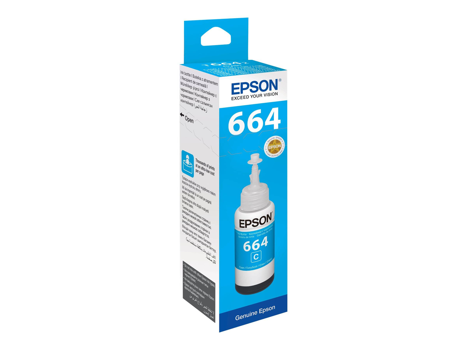 Botella de tinta Epson 664 Cyan en una caja. La botella es blanca con una etiqueta cian.