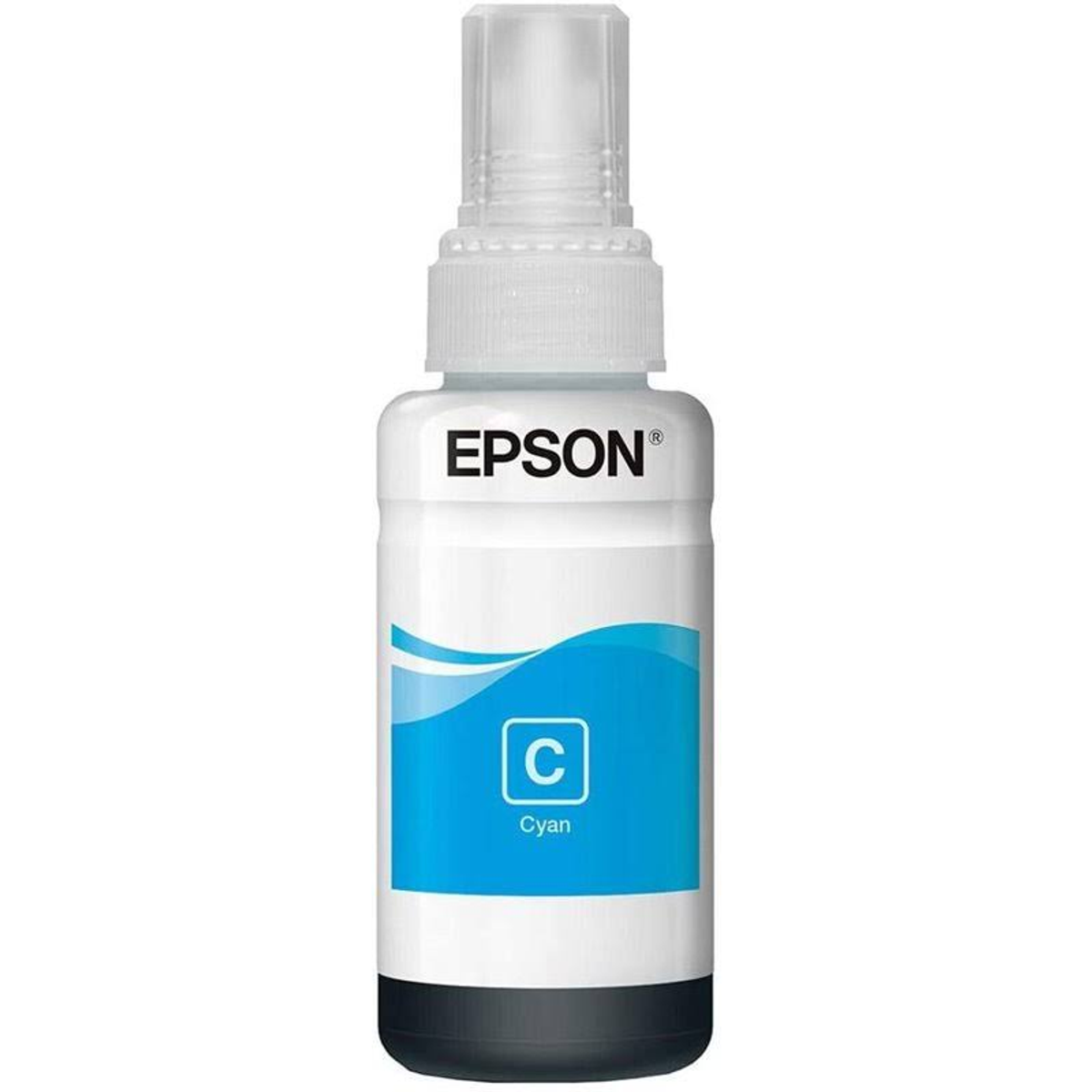Botella de tinta cian Epson con tapa de pulverización. Etiqueta blanca, ola azul y 'C' cian visibles.