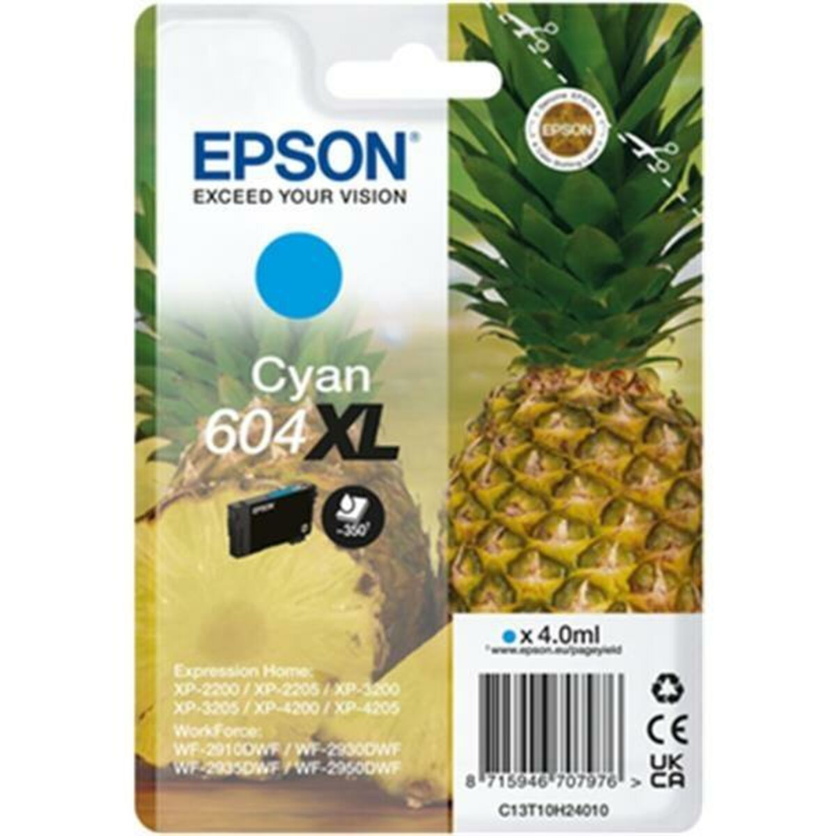Confezione cartuccia inchiostro Epson Cyan 604XL con grafica ananas. Include specifiche.
