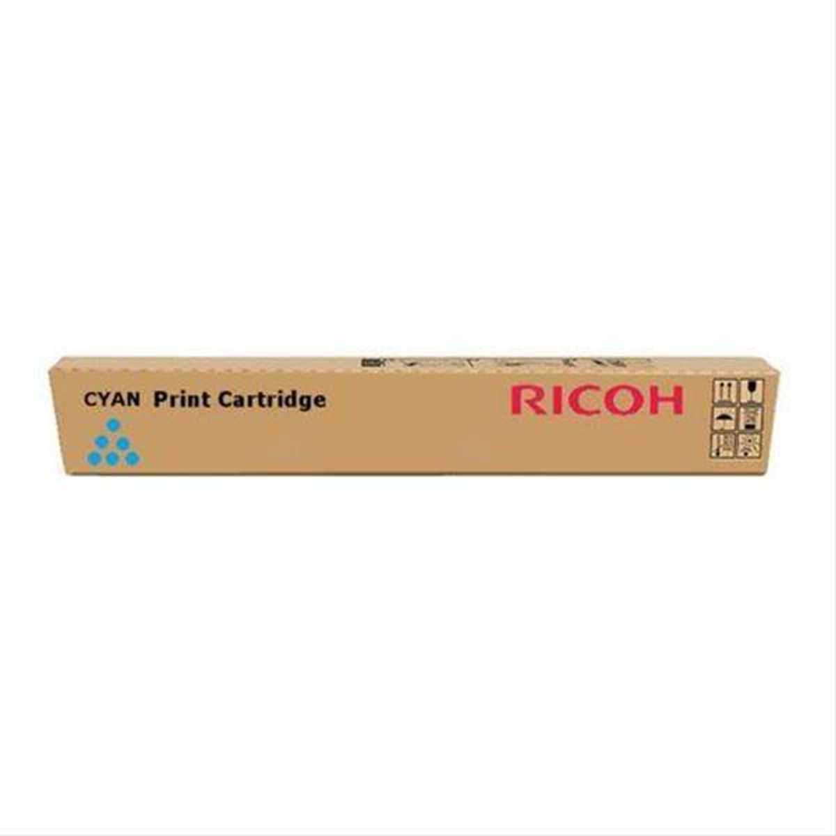 Een bruine Ricoh-printercartridgebox, met de tekst "CYAN Print Cartridge" en logo.
