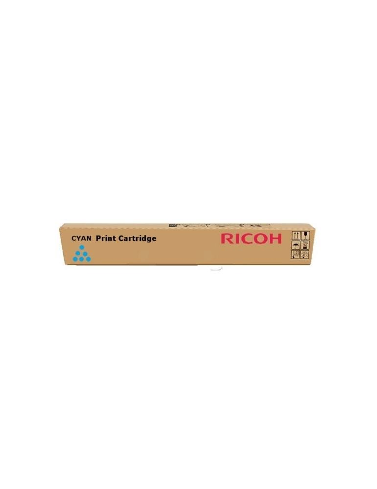 Een lange, rechthoekige Ricoh cyaan printcartridgebox, op een witte achtergrond.