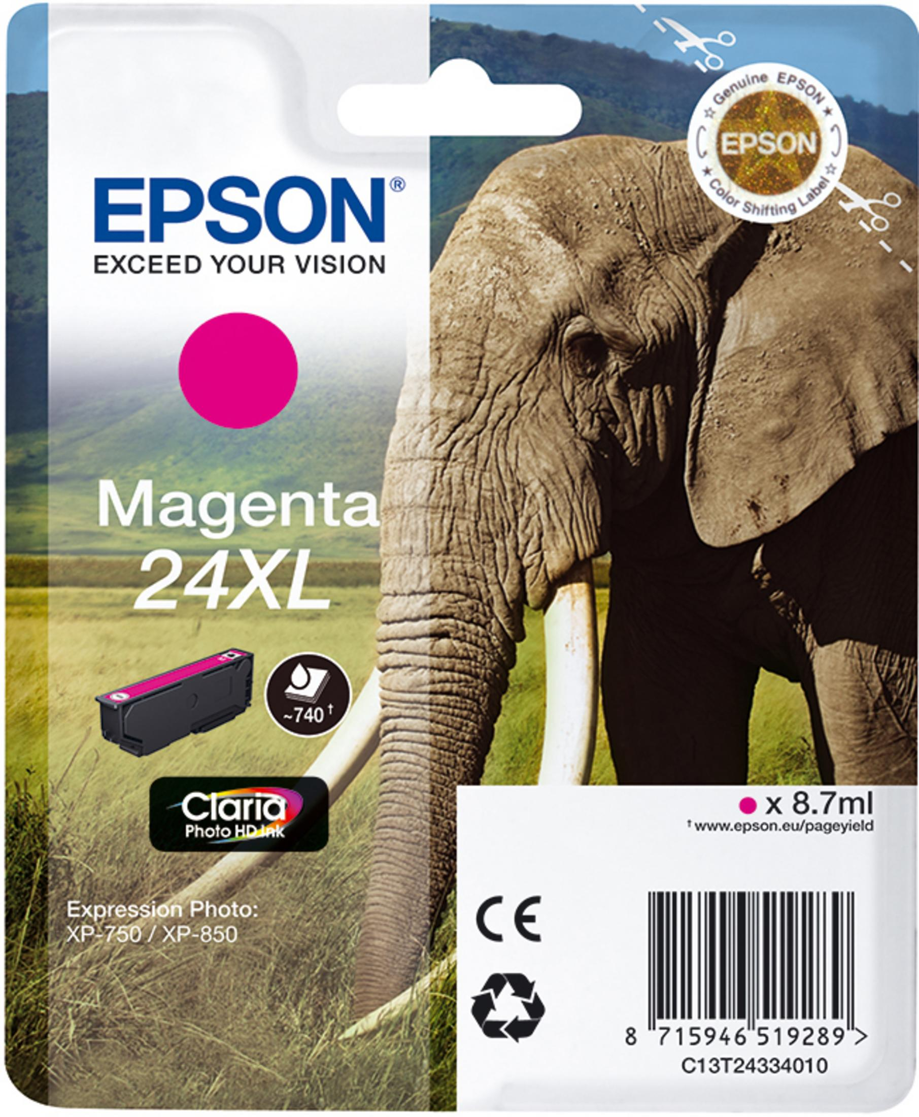 Pacco cartuccia inchiostro magenta Epson con immagine di elefante su sfondo bianco e grigio, 24XL.