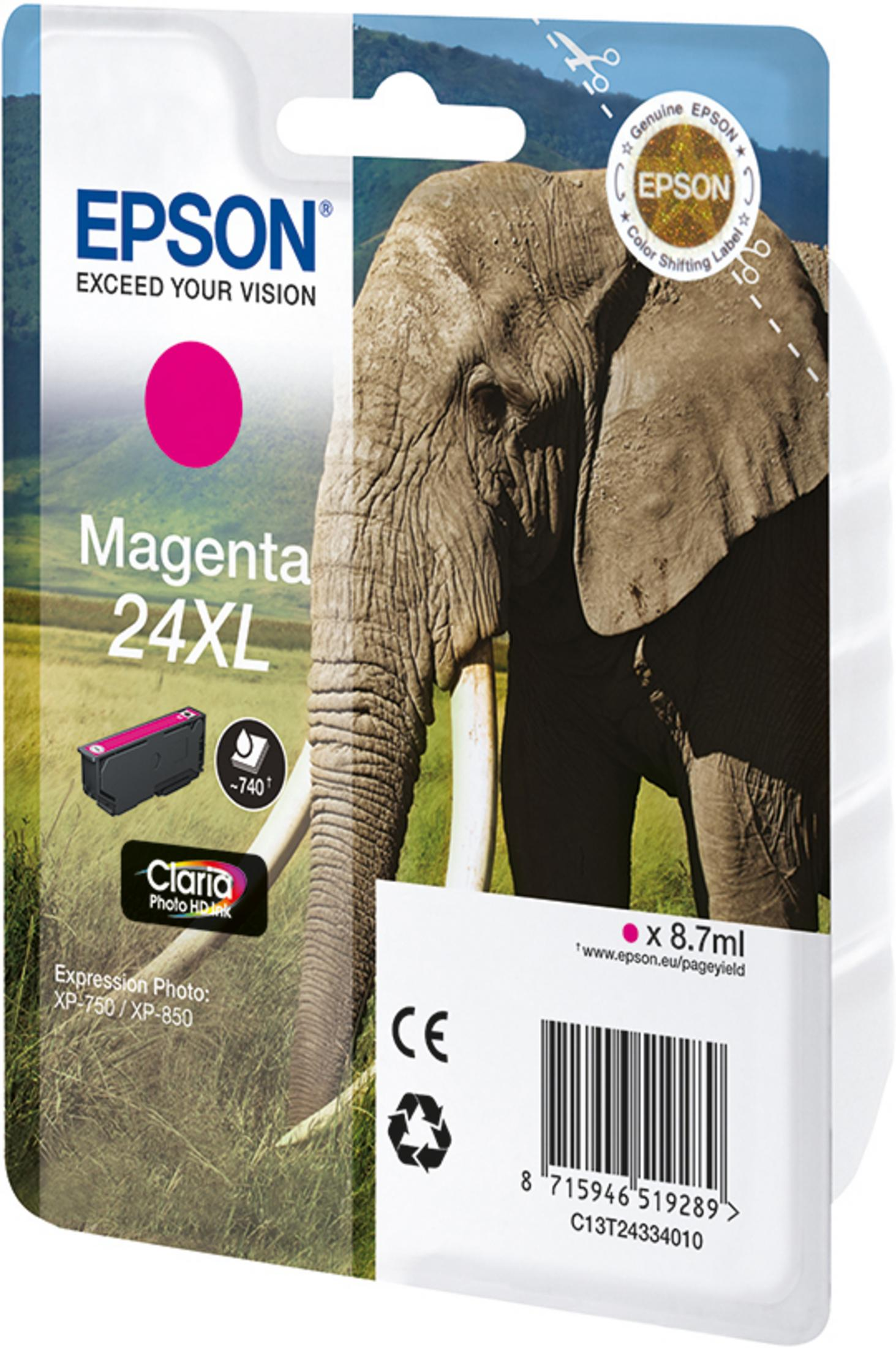 Confezione di cartucce d'inchiostro magenta Epson con un'immagine di elefante sullo sfondo.