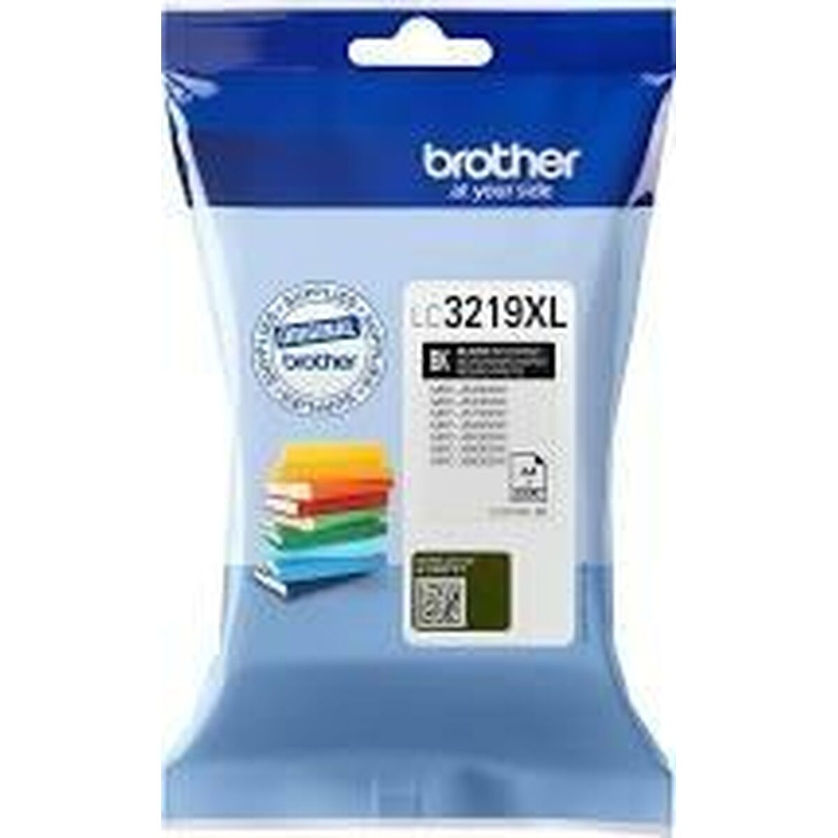 Paquete de cartucho de tinta azul Brother. La etiqueta muestra el número de modelo LC3219XL y otros detalles.