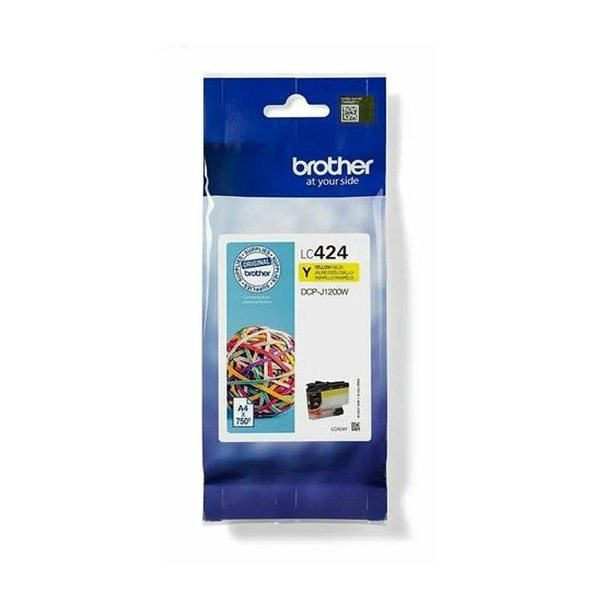 Paquete de cartuchos de tinta Brother. El paquete tiene un cartucho amarillo y una imagen de bolas de colores.