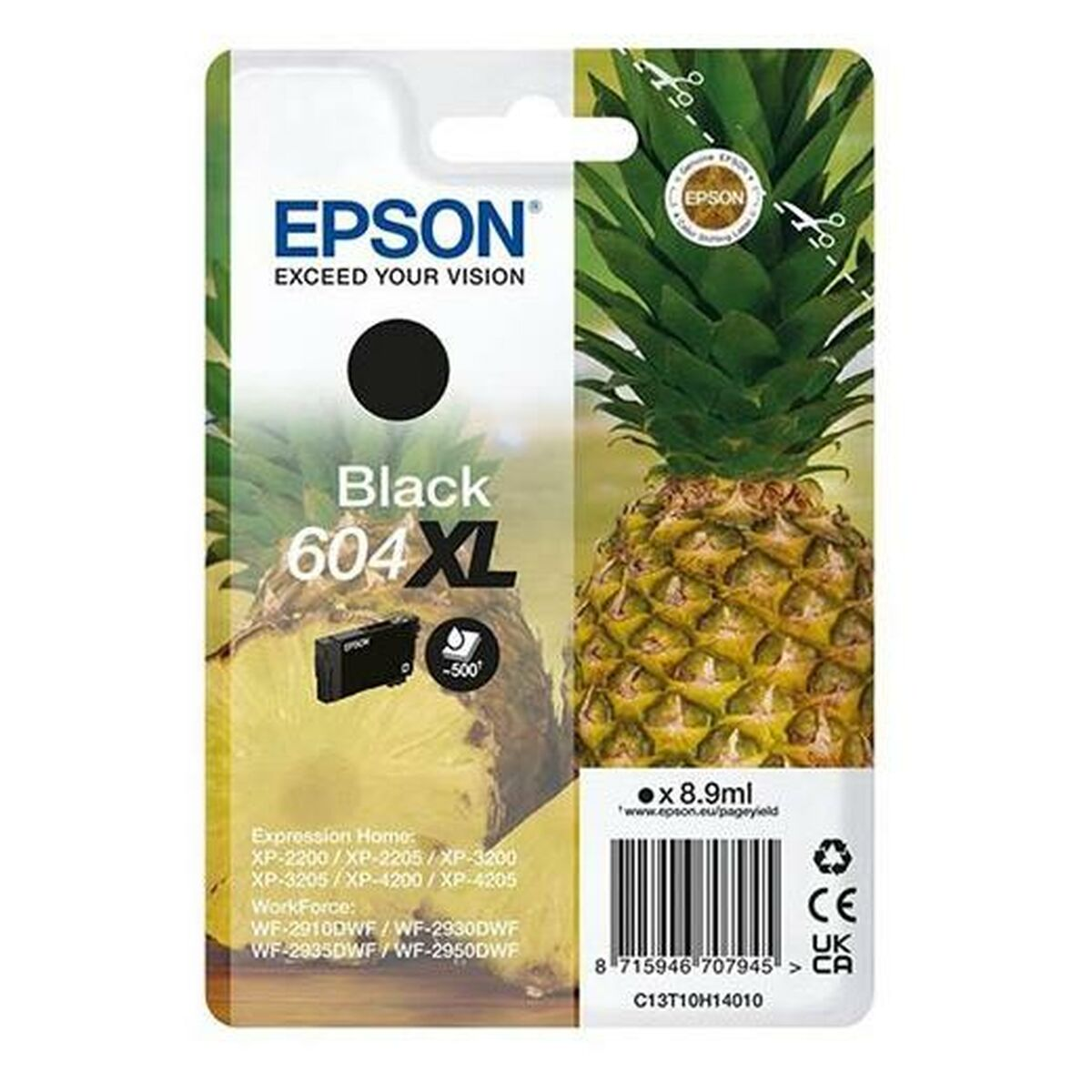 Una confezione di cartucce per stampanti Epson. Ha una cartuccia di inchiostro nero e un'immagine di ananas.