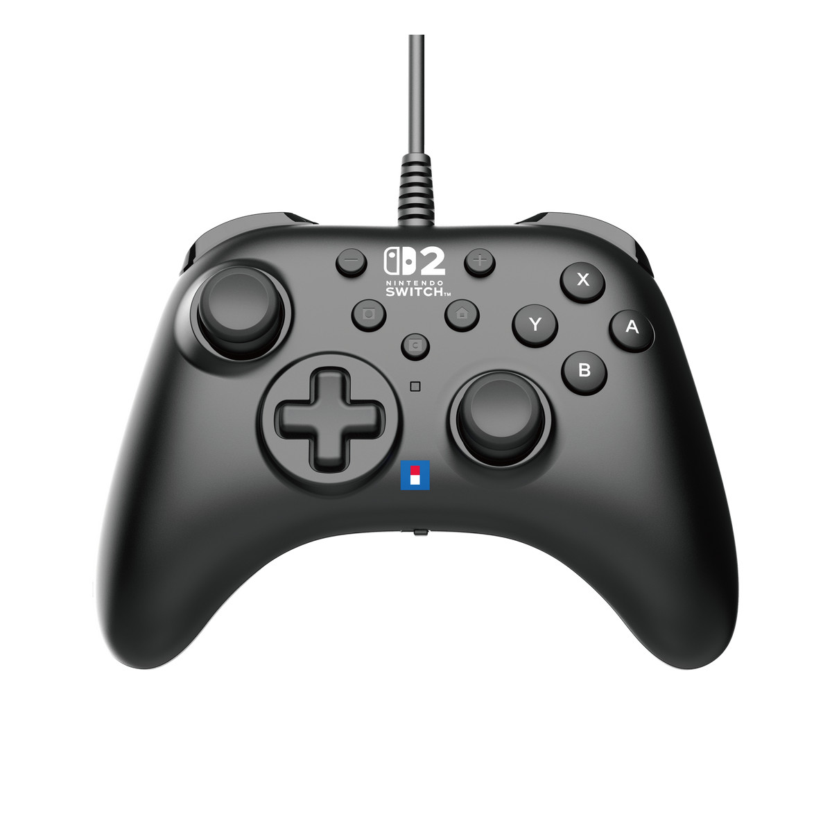 Un controller Nintendo Switch nero con pulsanti e un cavo.