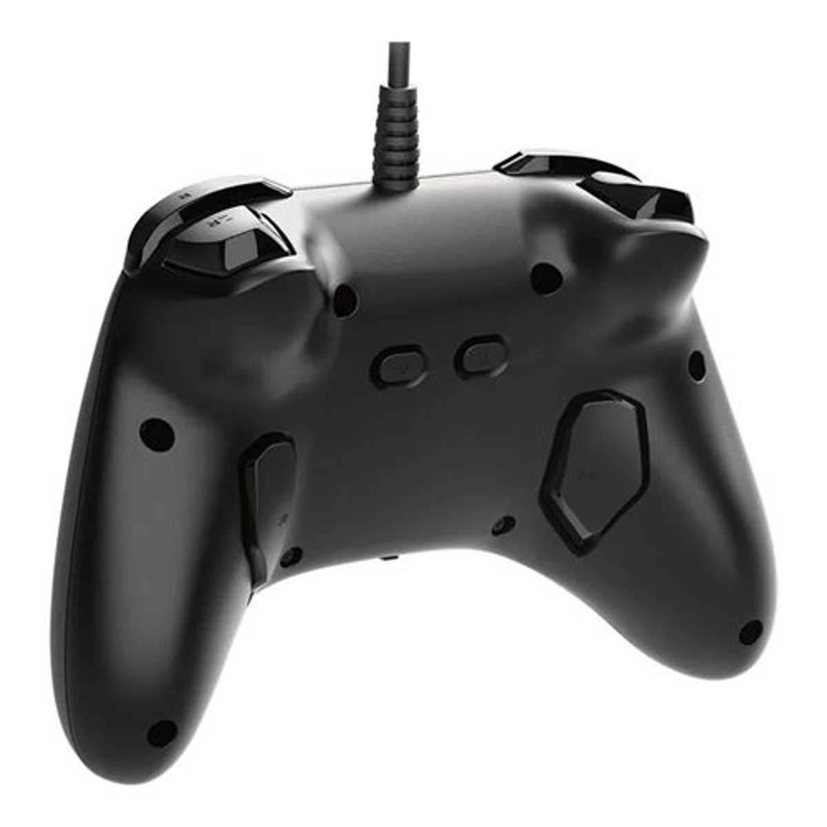 Vista posteriore di un gamepad nero. Mostra pulsanti e un cavo.