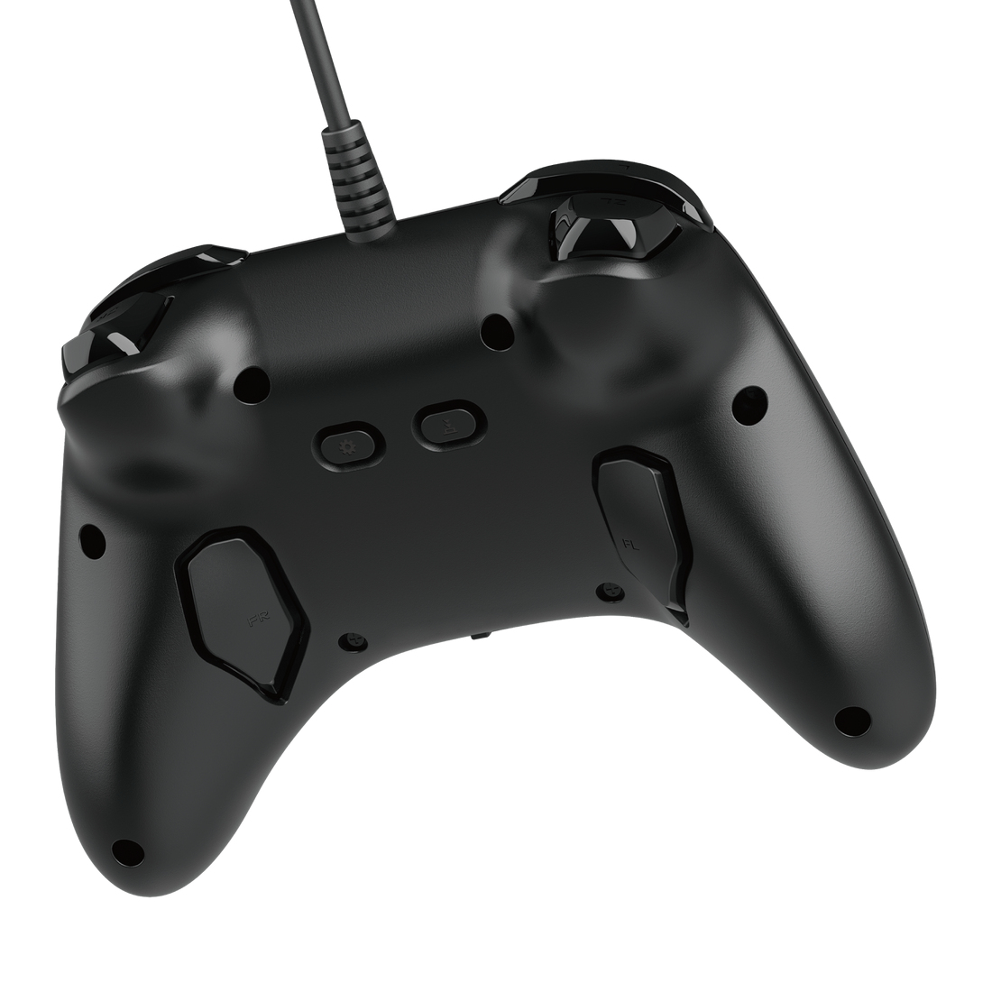 Un controller di gioco nero, visto da dietro, con pulsanti e un cavo.