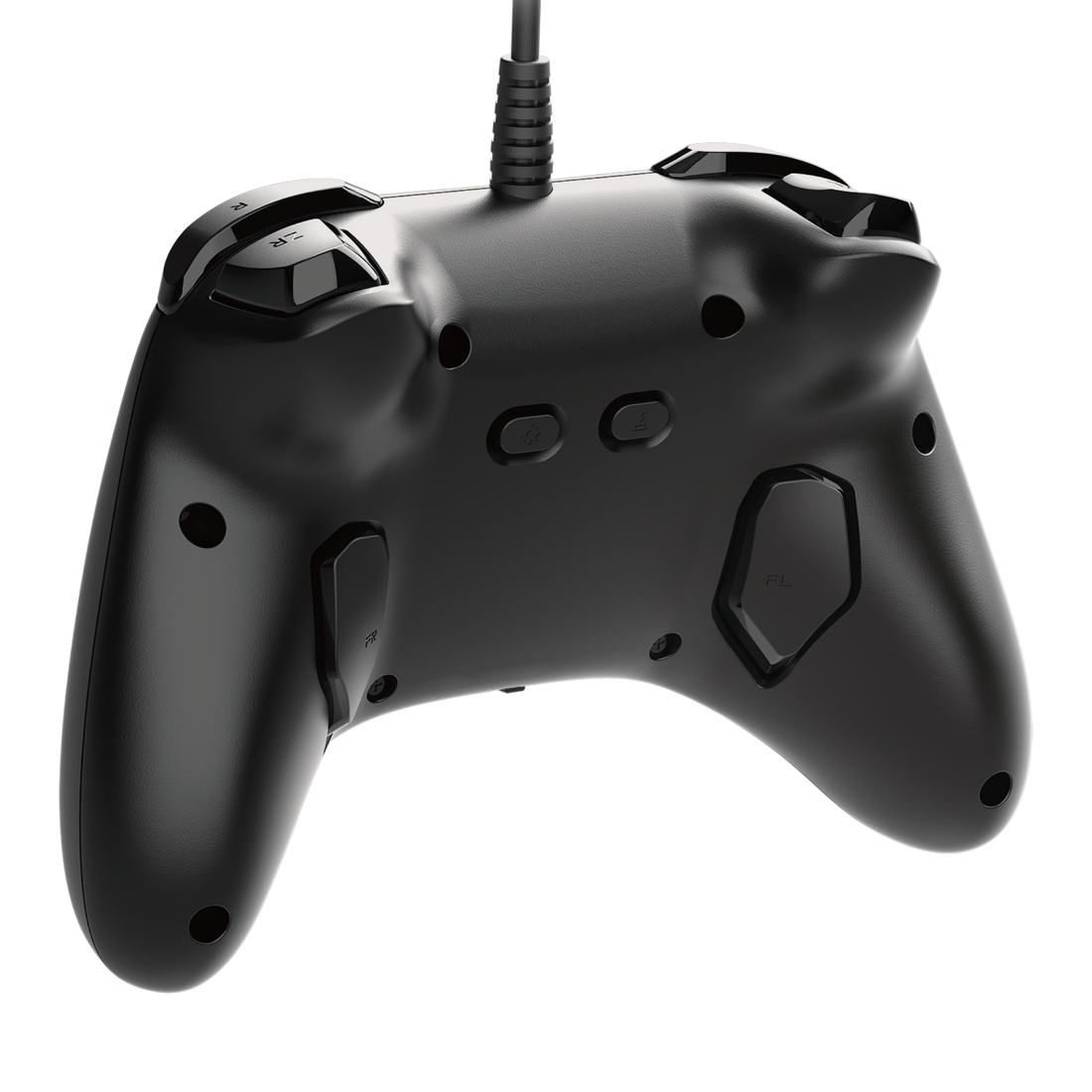 Un controller di gioco nero, visto da dietro, con pulsanti e un cavo.