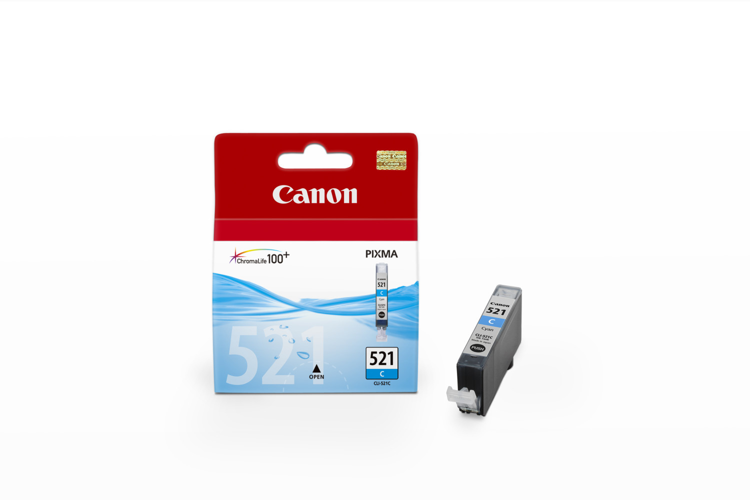 Confezione cartuccia d'inchiostro Canon Pixma 521C, con la cartuccia d'inchiostro blu.