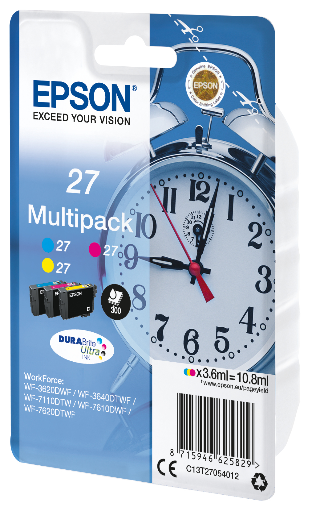 Wkład atramentowy Epson 27 multipack, obraz budzika. Niebieskie, różowe i żółte wkłady atramentowe.