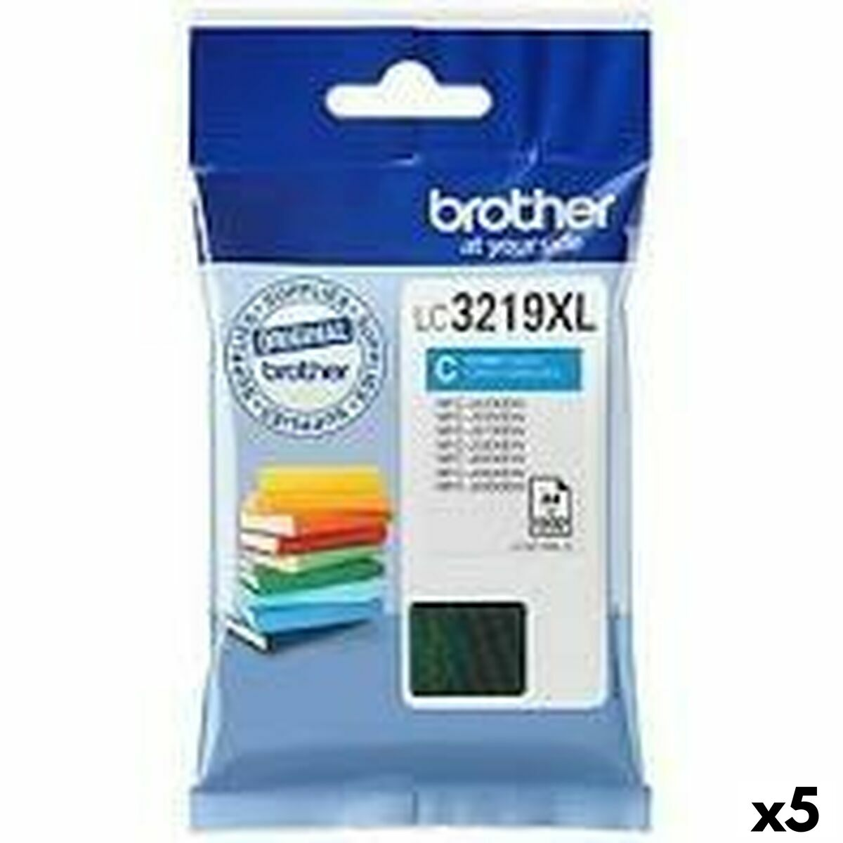 Paquete de cartuchos de tinta Brother LC3219XL. El embalaje es azul y blanco, con una pila de libros.