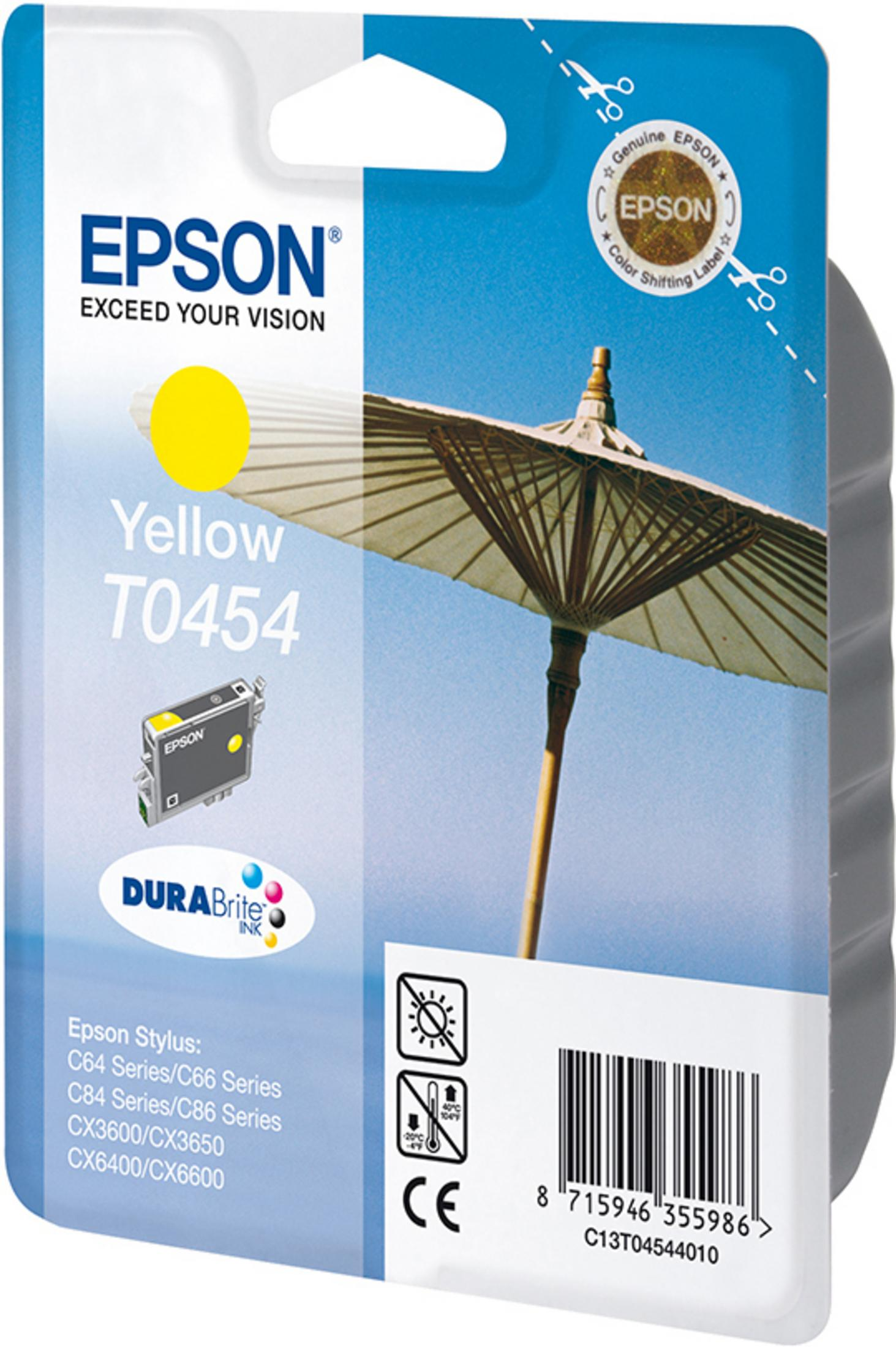Epson gelbe Tintenpatrone mit einem gelben Sonnenschirm auf der Verpackung.