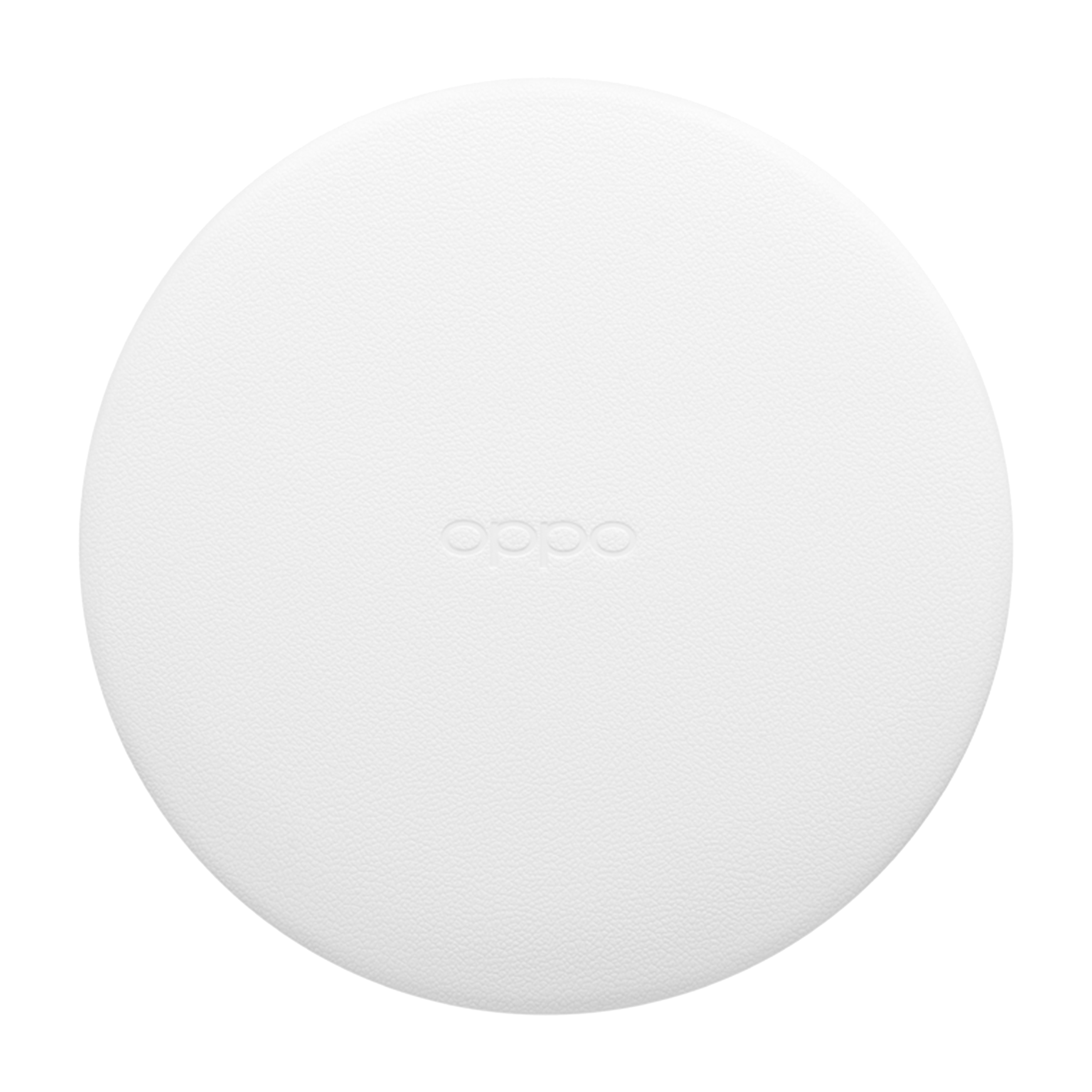 Un socle de chargement Oppo blanc et rond, avec le logo Oppo en relief sur la surface.