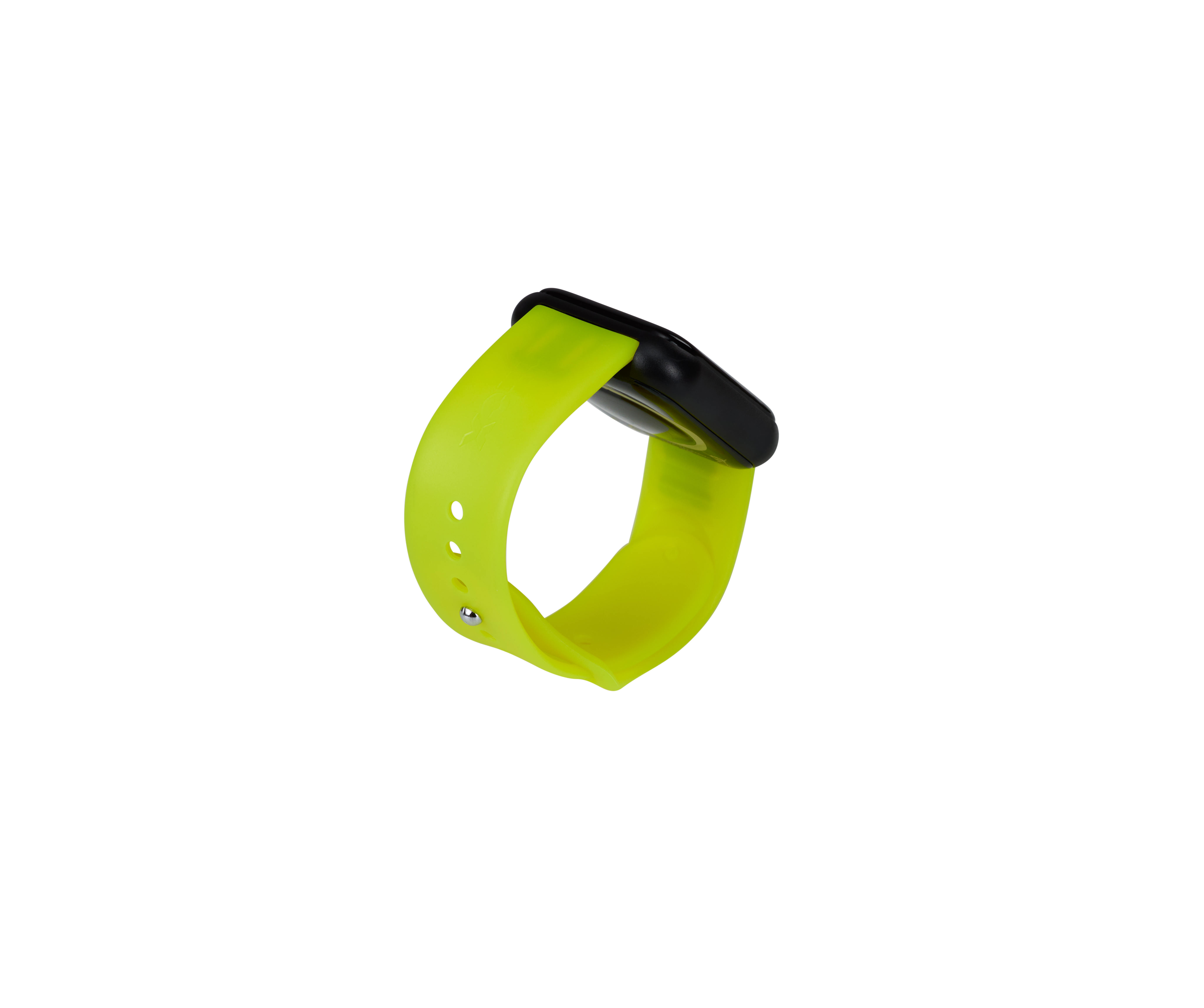 Uno smartwatch giallo con schermo nero. Anche il cinturino è giallo.