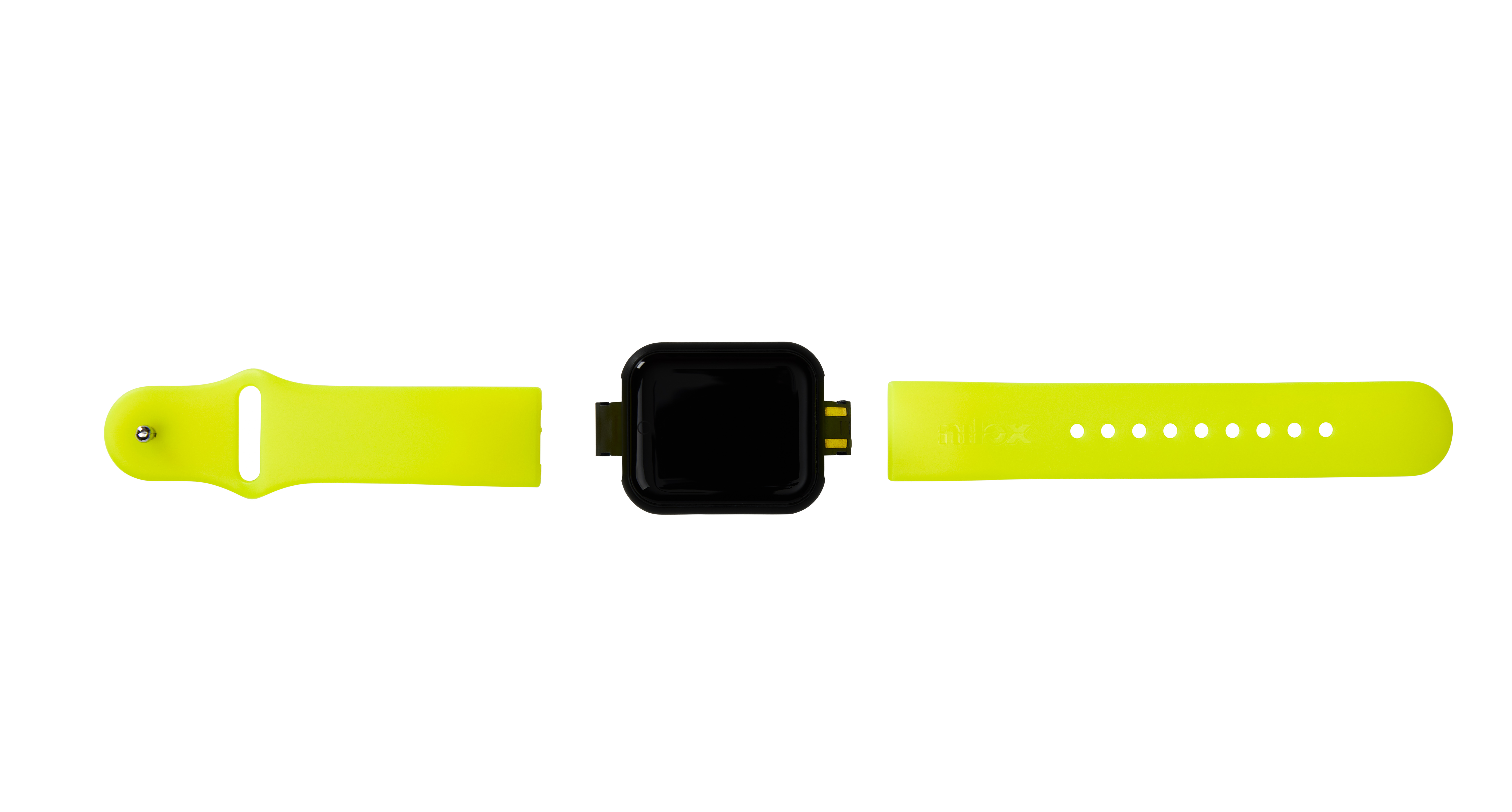 Componenti smartwatch: quadrato nero, pezzi cinturino giallo, sfondo bianco.