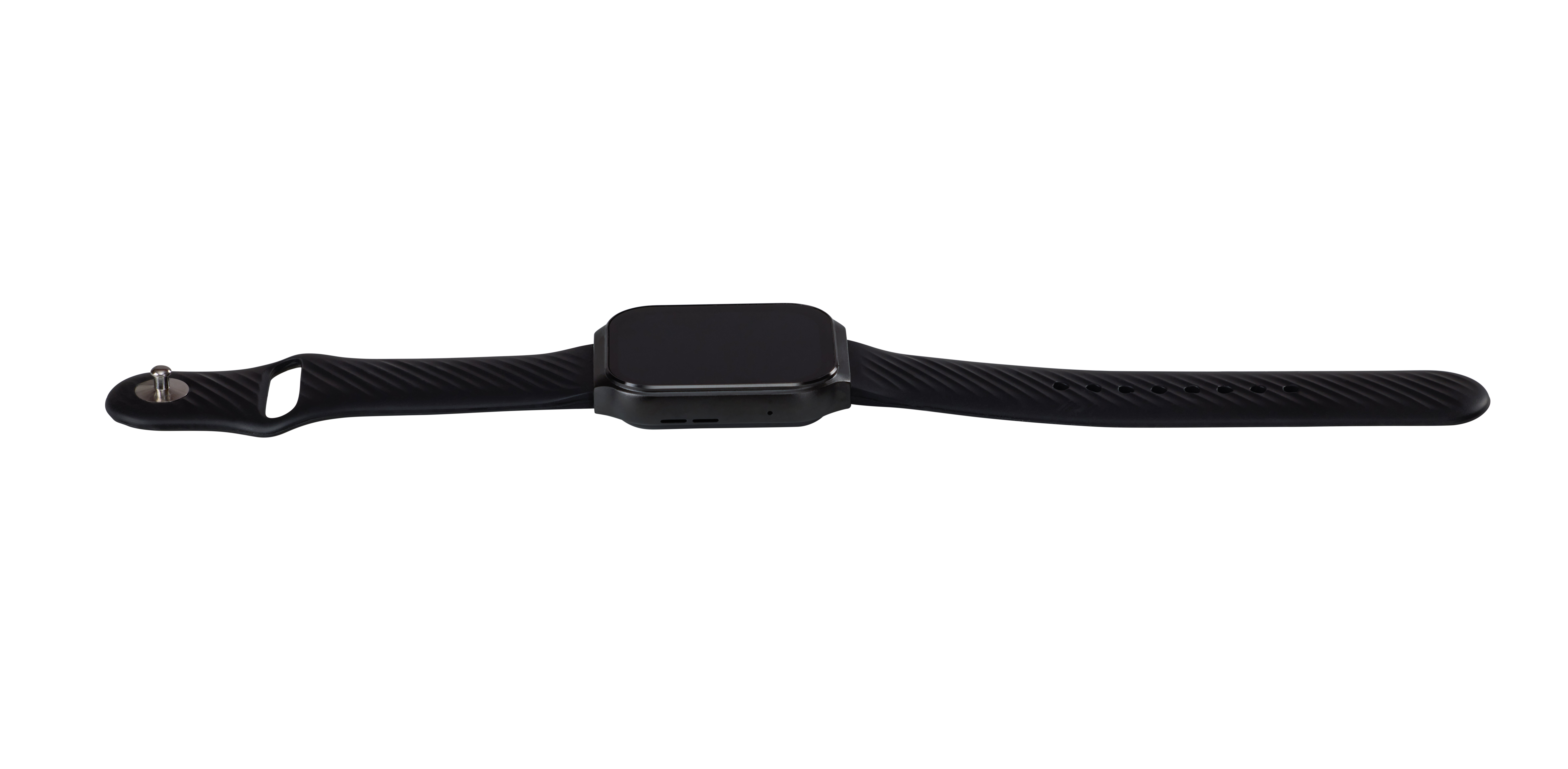 Uno smartwatch nero con cinturino nero, disteso orizzontalmente. Sfondo bianco.