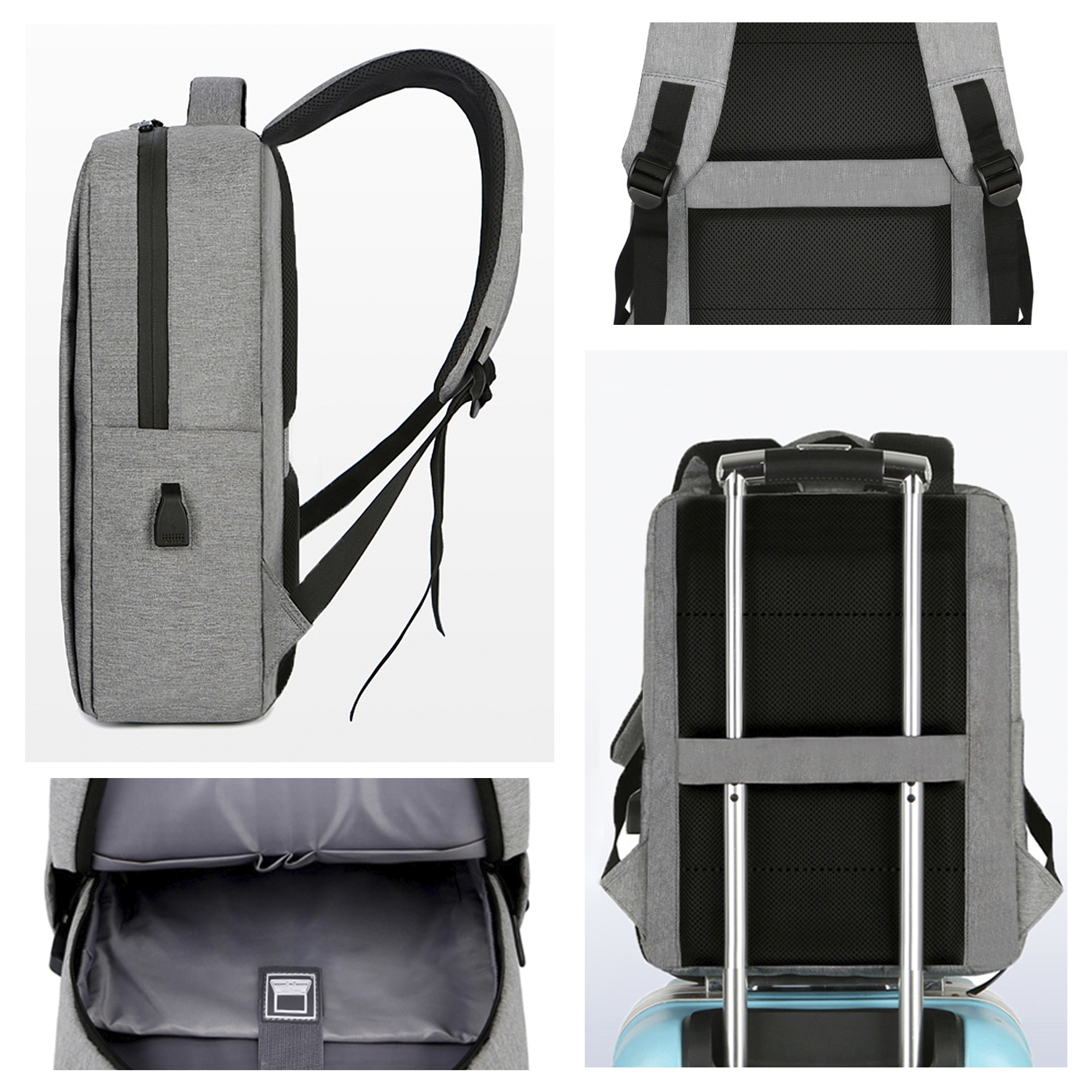 Uno zaino grigio, diverse viste, con porta USB, spallacci e cinghia per trolley.