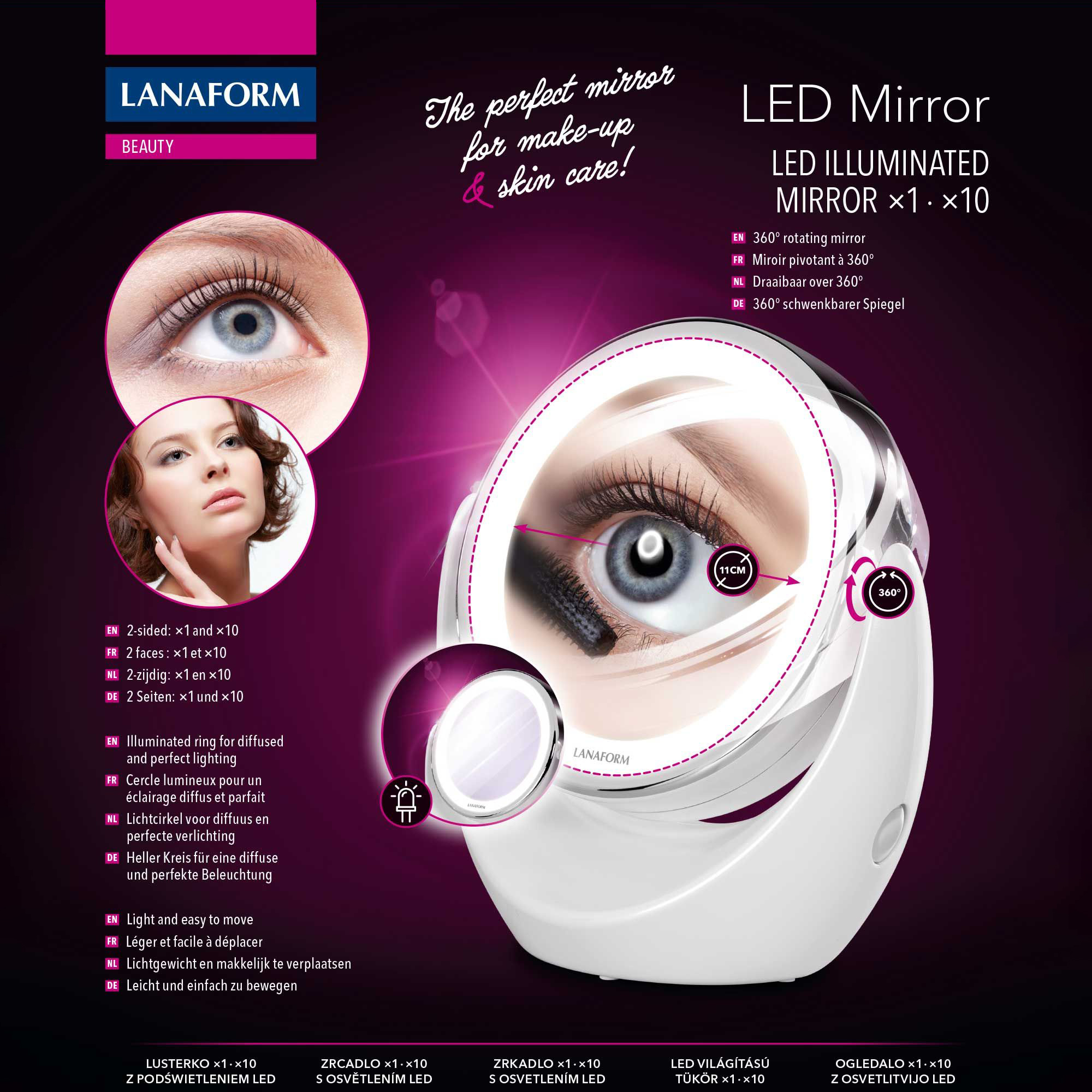 LED-Spiegel mit dem Gesicht einer Frau. Text: 'LED Illuminated Mirror'.