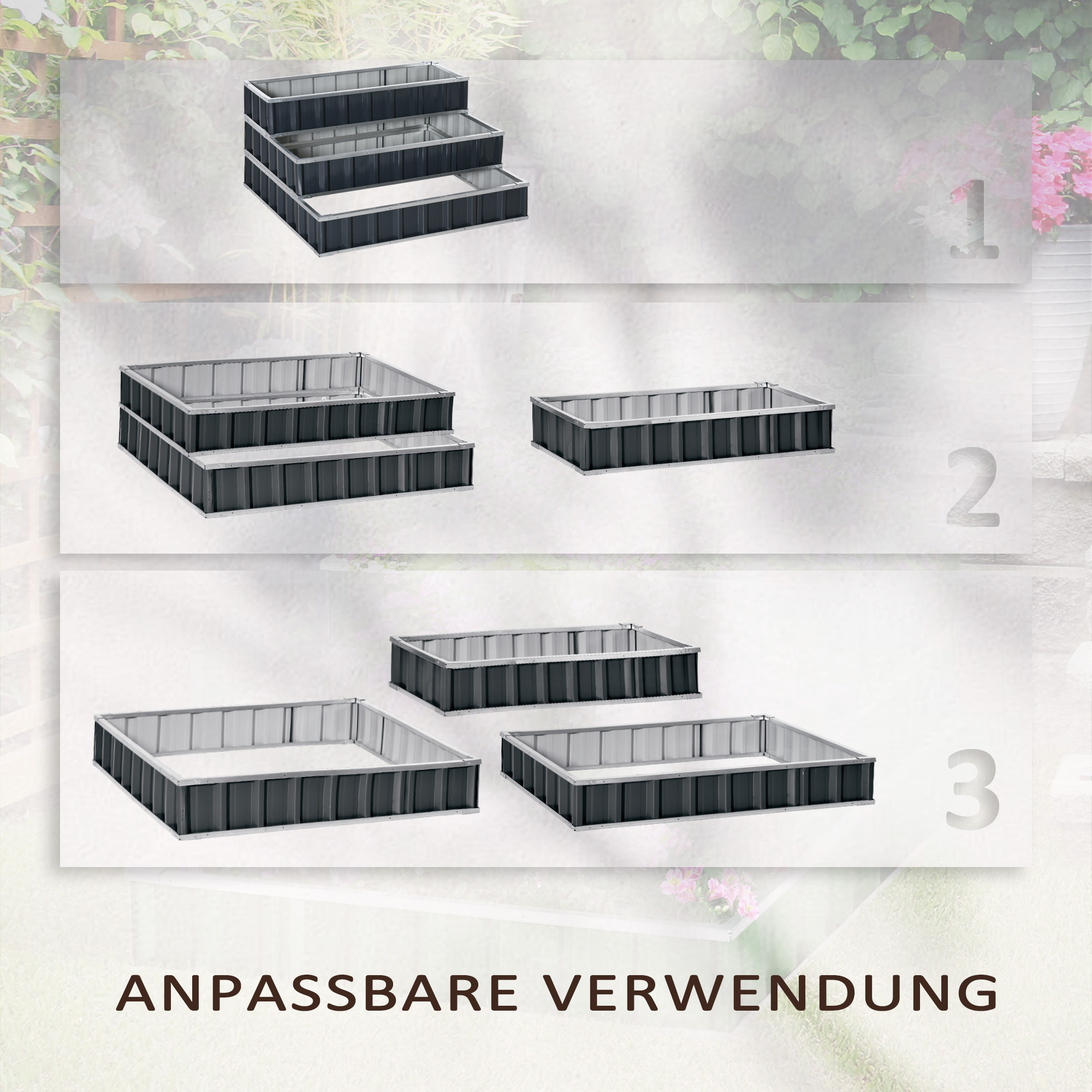Diagramm modularer Gartenbeete. Verschiedene Konfigurationen werden gezeigt.